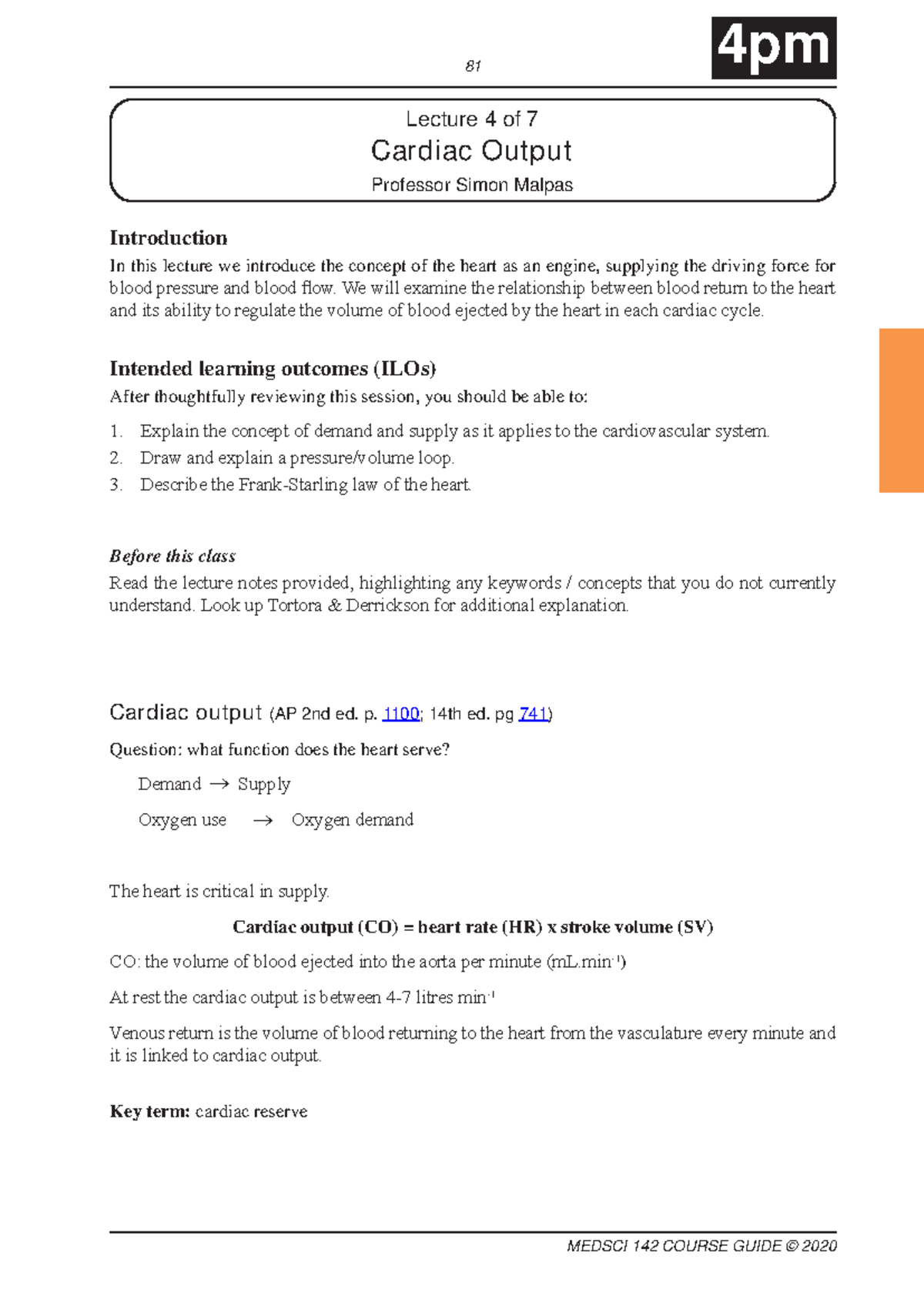 03b Cardiac Physiology Lecture Notes: Cardiac Output & Heart Regulation ...