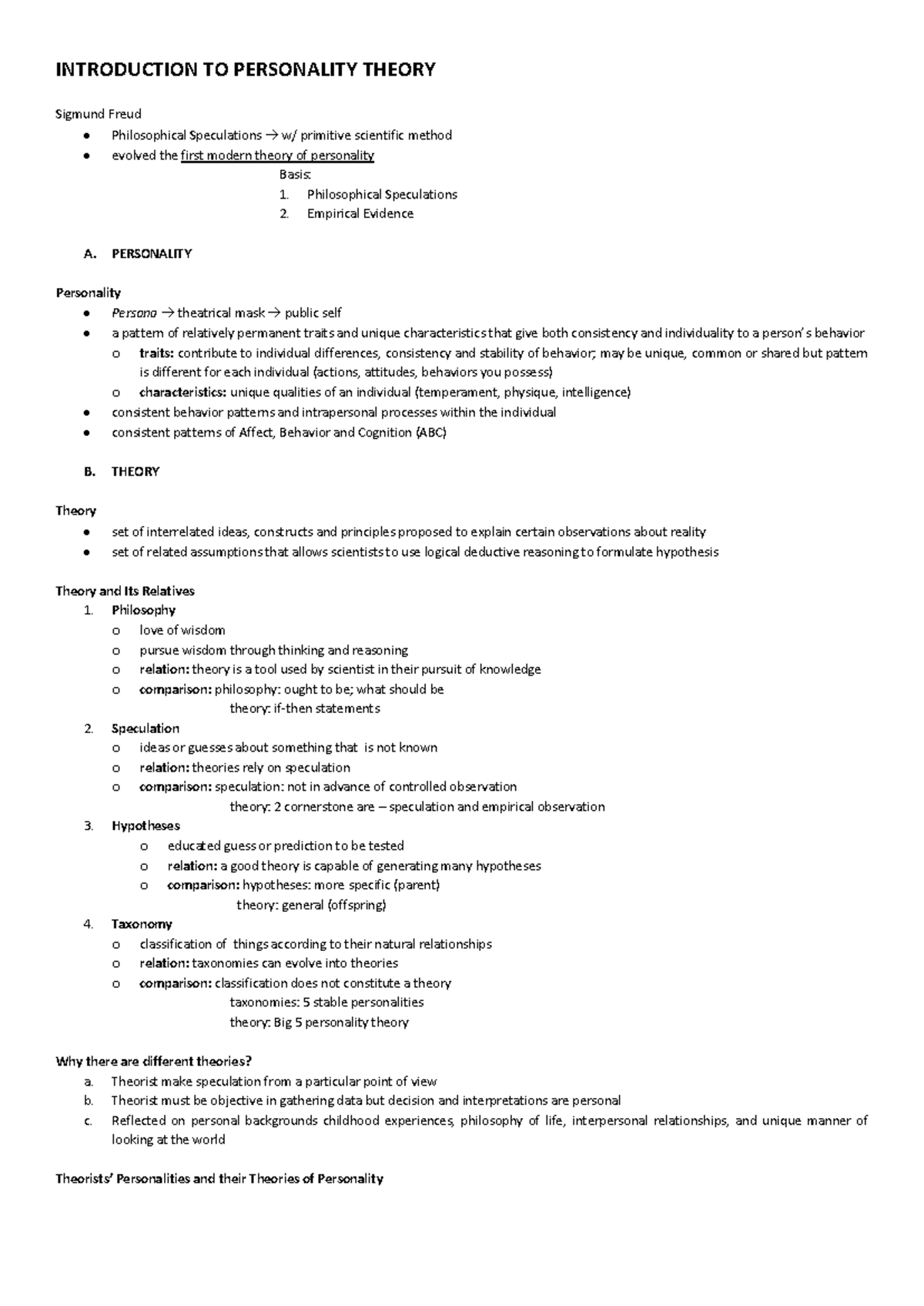 Theories of Personality - Comprehensive Review for PSY 101 Finals - Studocu