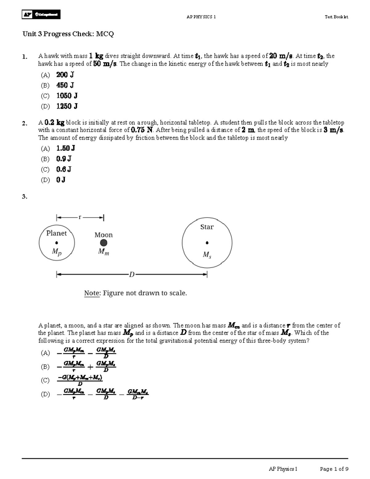 AP PHYSICS 1 Test Booklet Unit 3 Progress Check: MCQ Review - Studocu