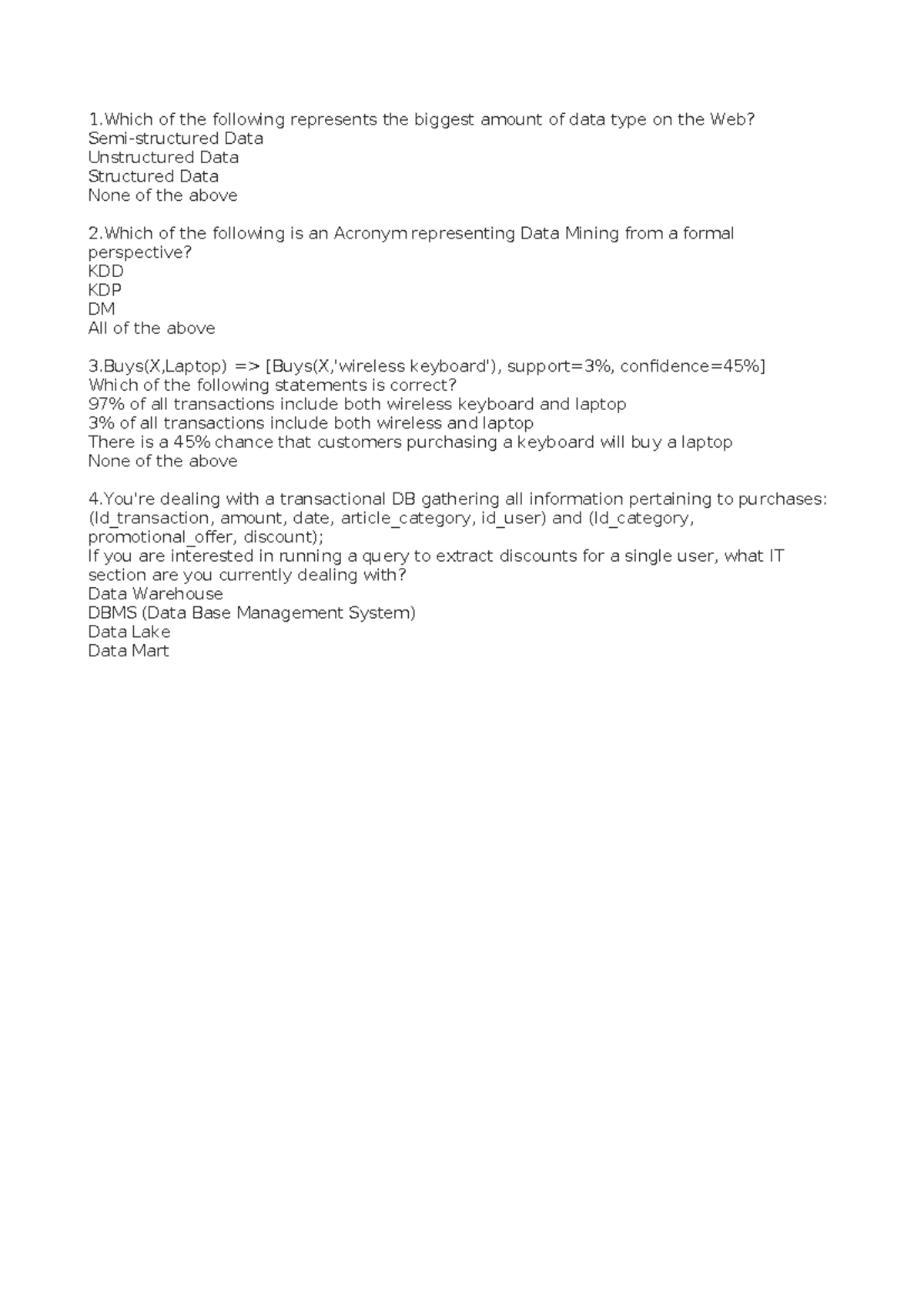 Data Mining - Quiz Questions and Answers - Studocu