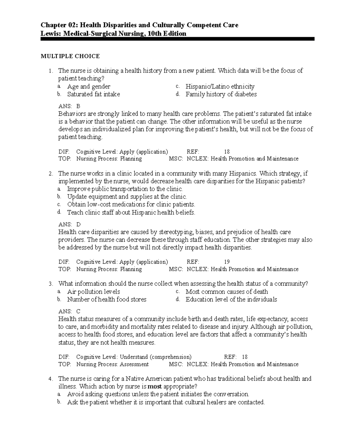 C2 - med surg - Chapter 02: Health Disparities and Culturally Competent ...