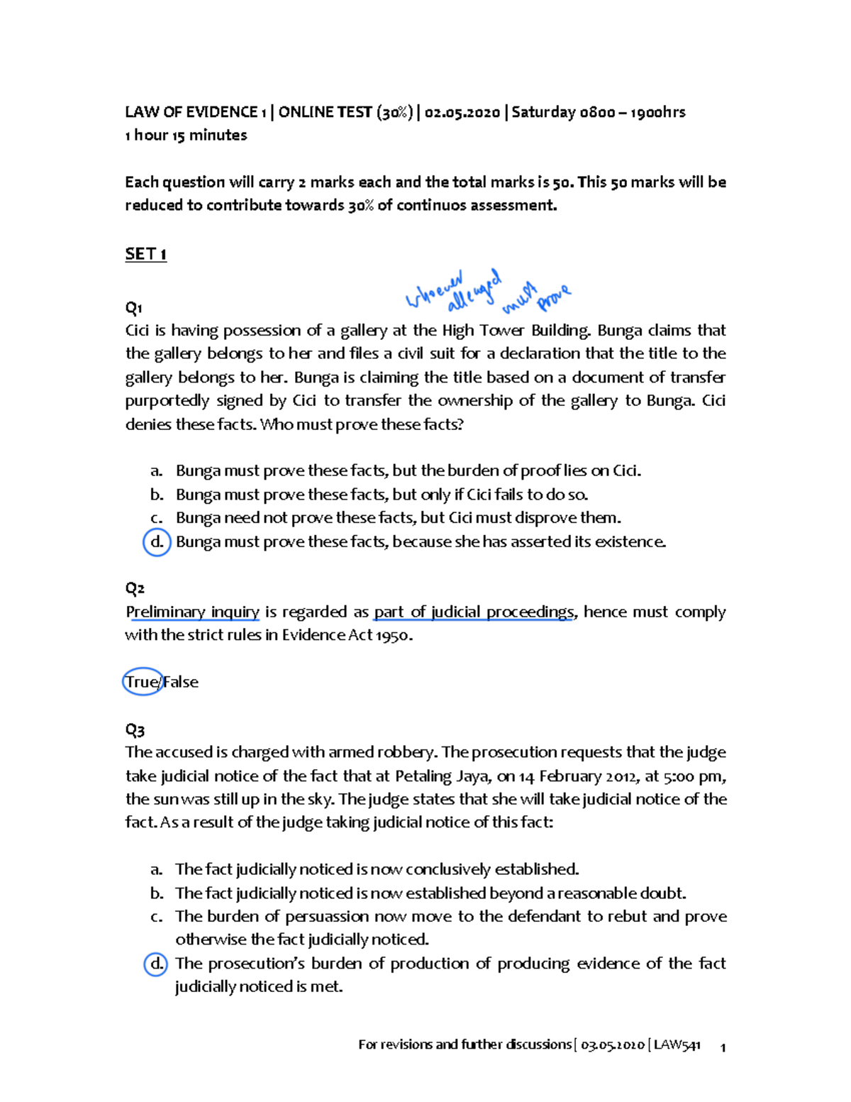 Sample Online TEST Ufuture 02052020 SET 1 and 2 - LAW OF EVIDENCE 1 ...