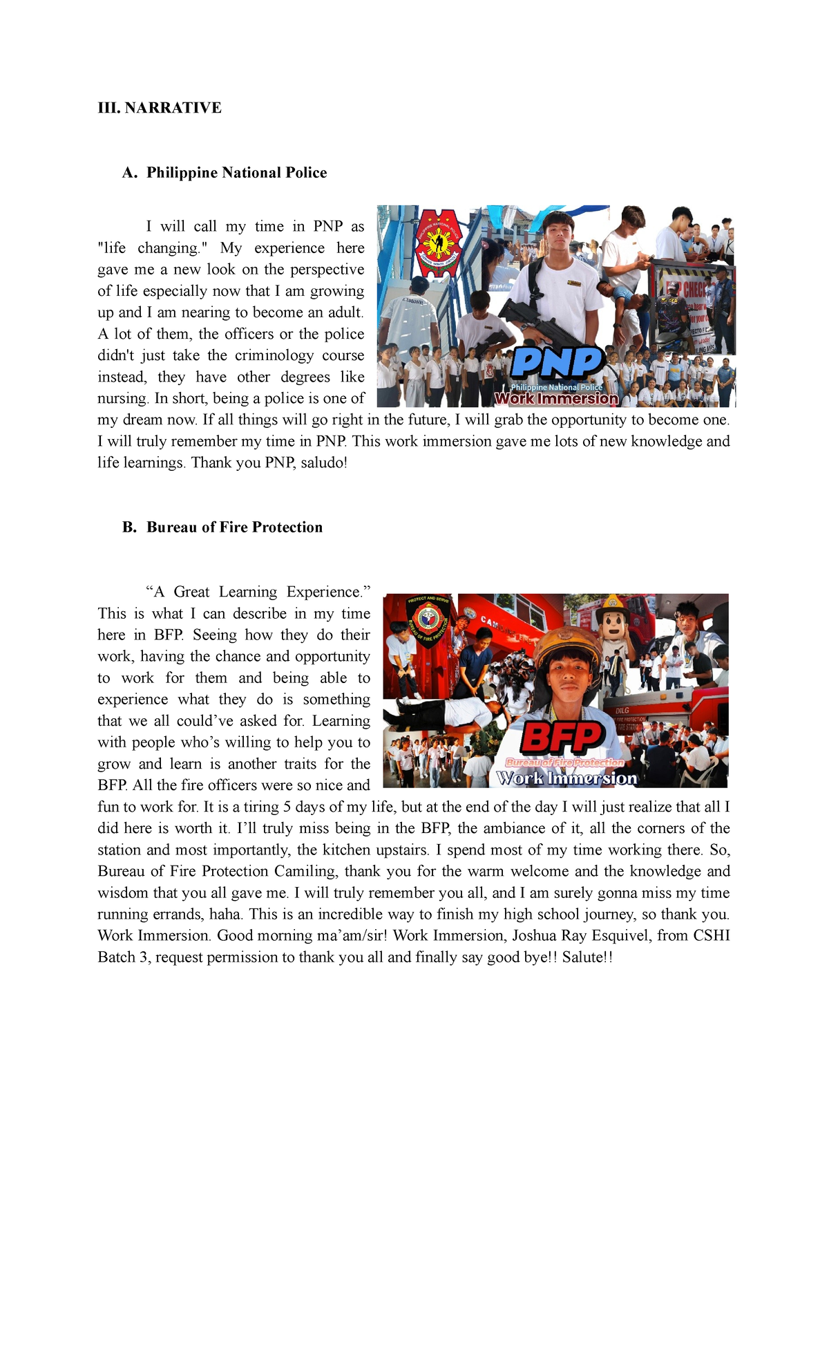 Final Work Immersion Reflection: A Journey with PNP & BFP - Studocu