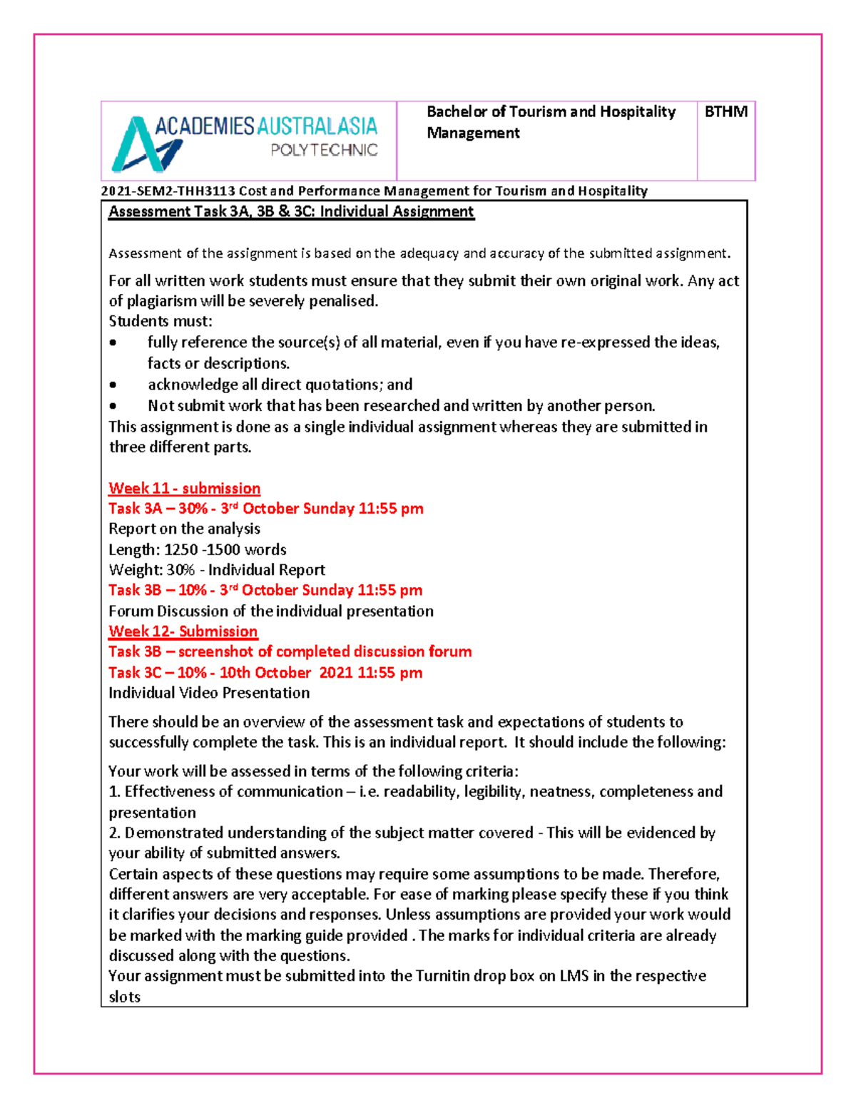 BTHM 20 21-SEM2-Assessment Tasks 3A, 3B & 3C Individual Assignment ...