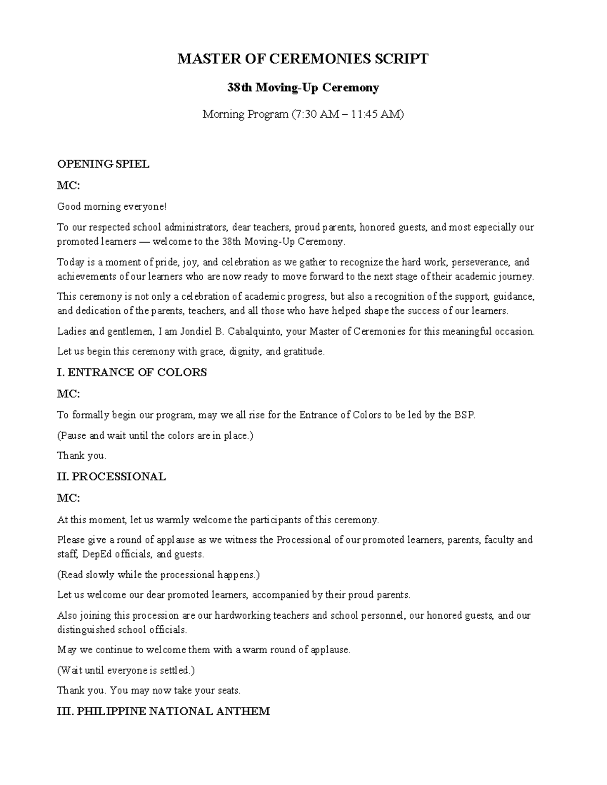 Moving Up Ceremony MC Script for the 38th Ceremony - Studocu