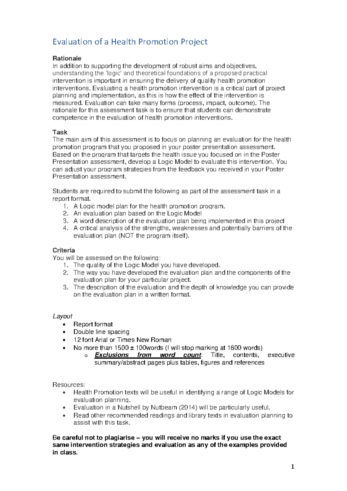 Evaluation of a Health Promotion Project: A Guide for Spring 2023 - Studocu