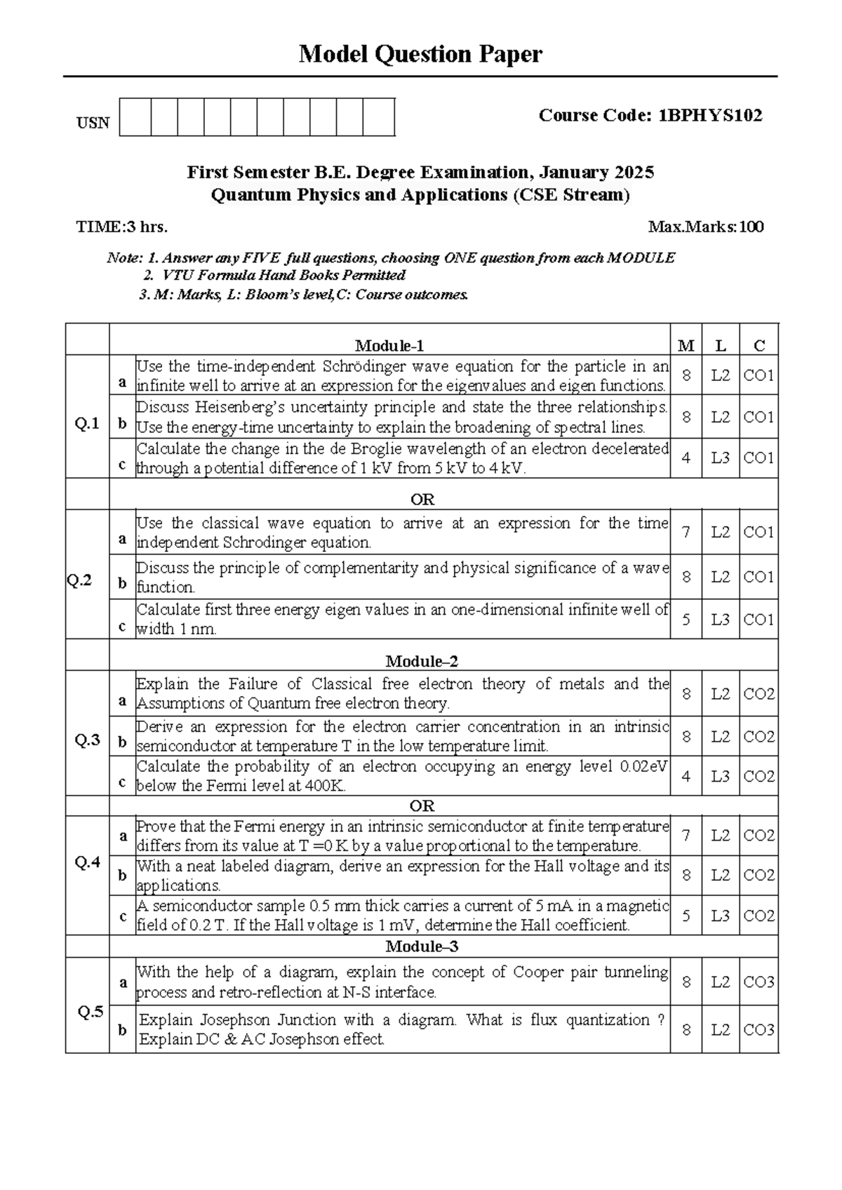 1BPHYS102 - Model Question Paper for Quantum Physics Exam - Studocu