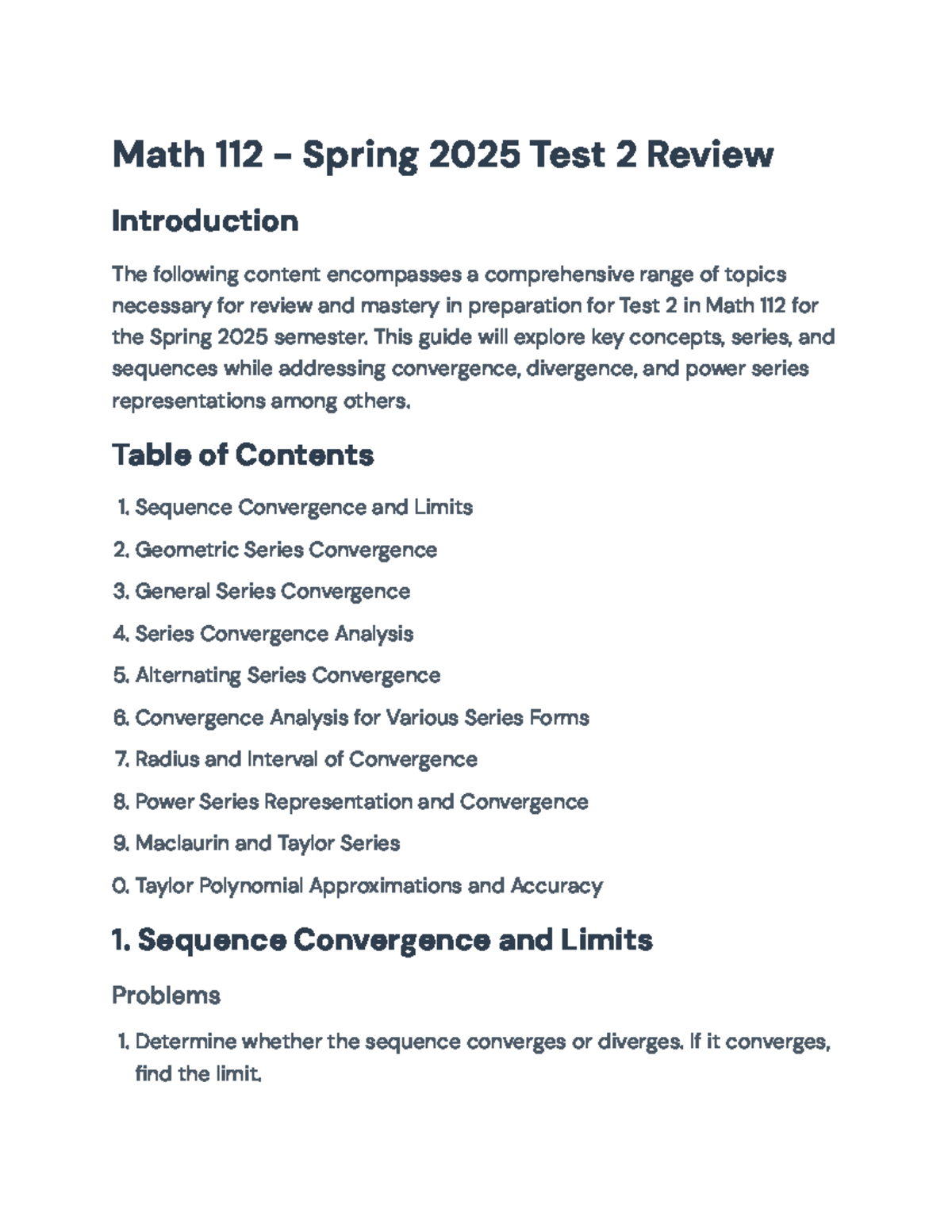 Math 112 - Spring 2025 Test 2 Review: Convergence and Series Analysis ...