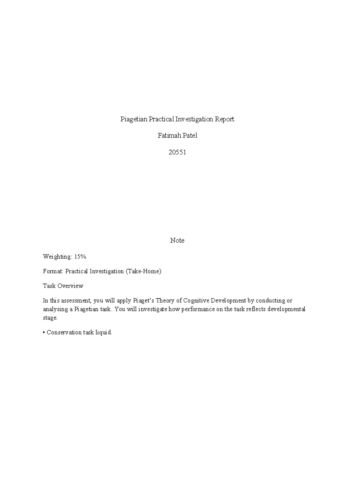 Piagetian Practical Investigation Report: Cognitive Development Task ...