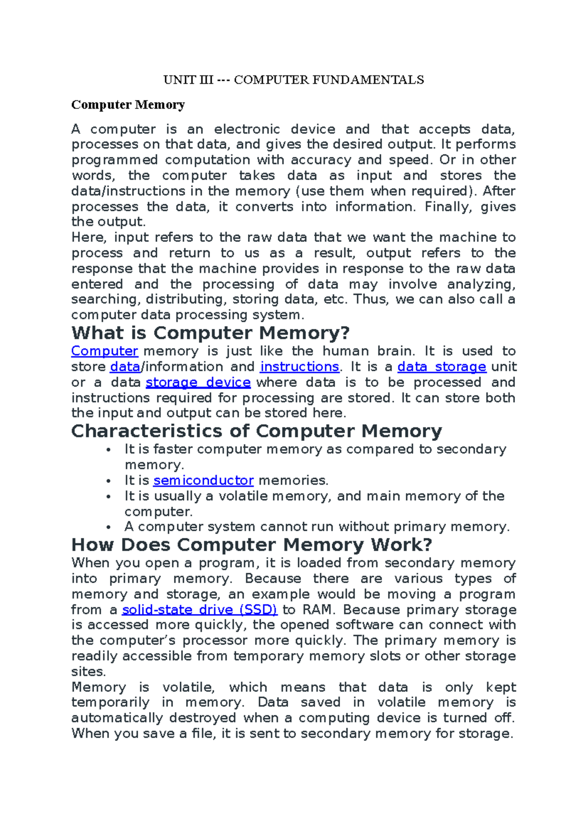 UNIT III CF - Computer Memory Fundamentals and Types - Studocu
