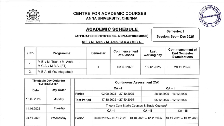 Anna University M.E. & M.B.A. Semester I Academic Schedule 2025 - Studocu