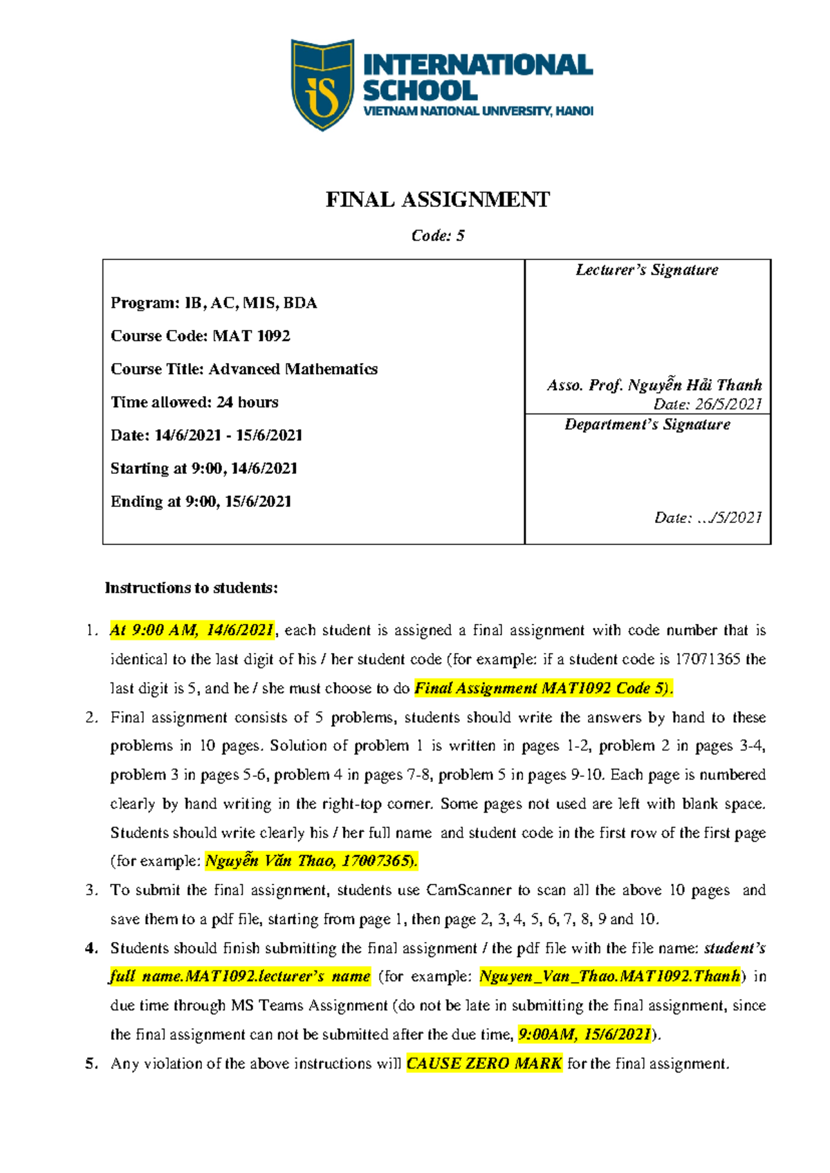 Final Assignment MAT1092 Code 5 - FINAL ASSIGNMENT Code: 5 Program: IB ...