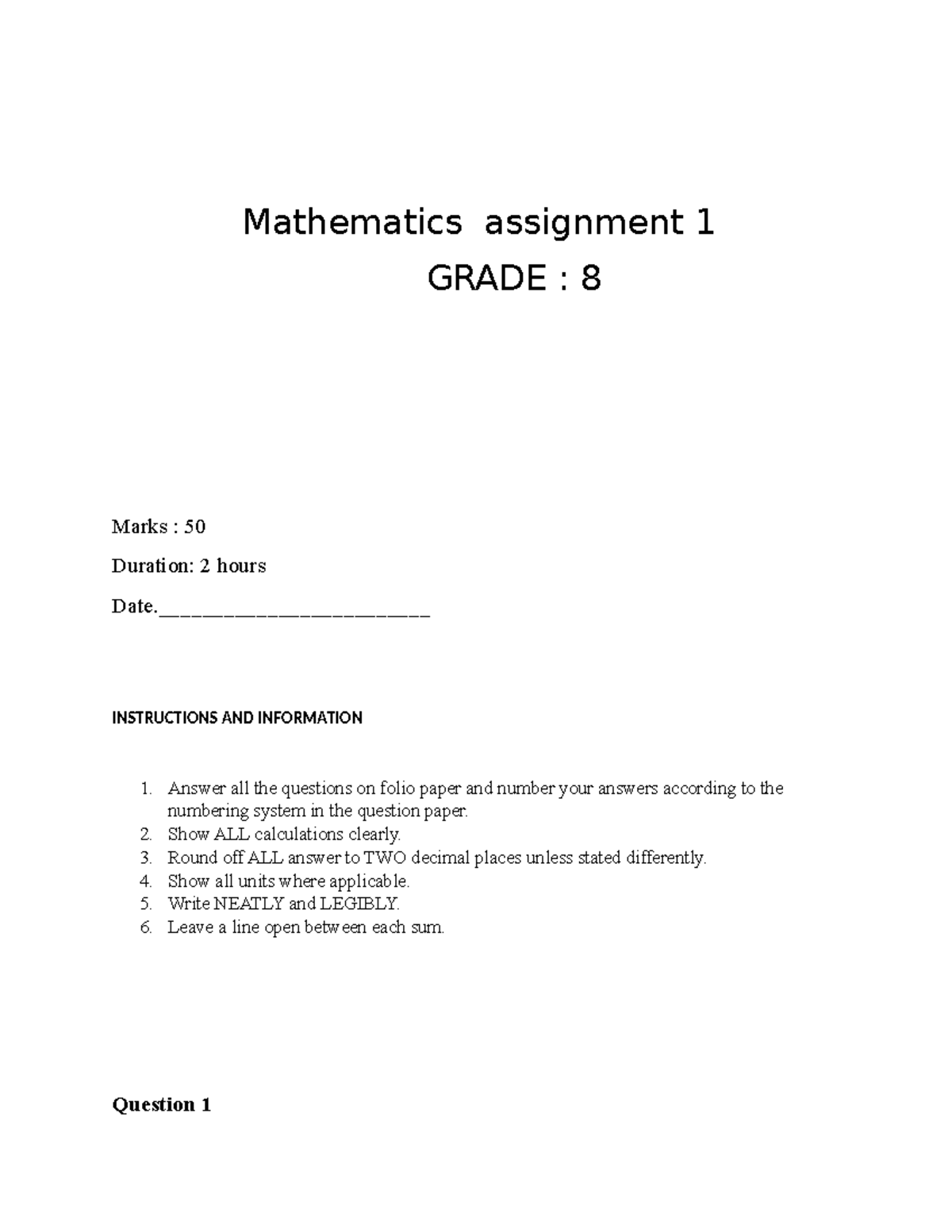 Grade 8 Mathematics Assignment 1: Instructions & Questions - Studocu