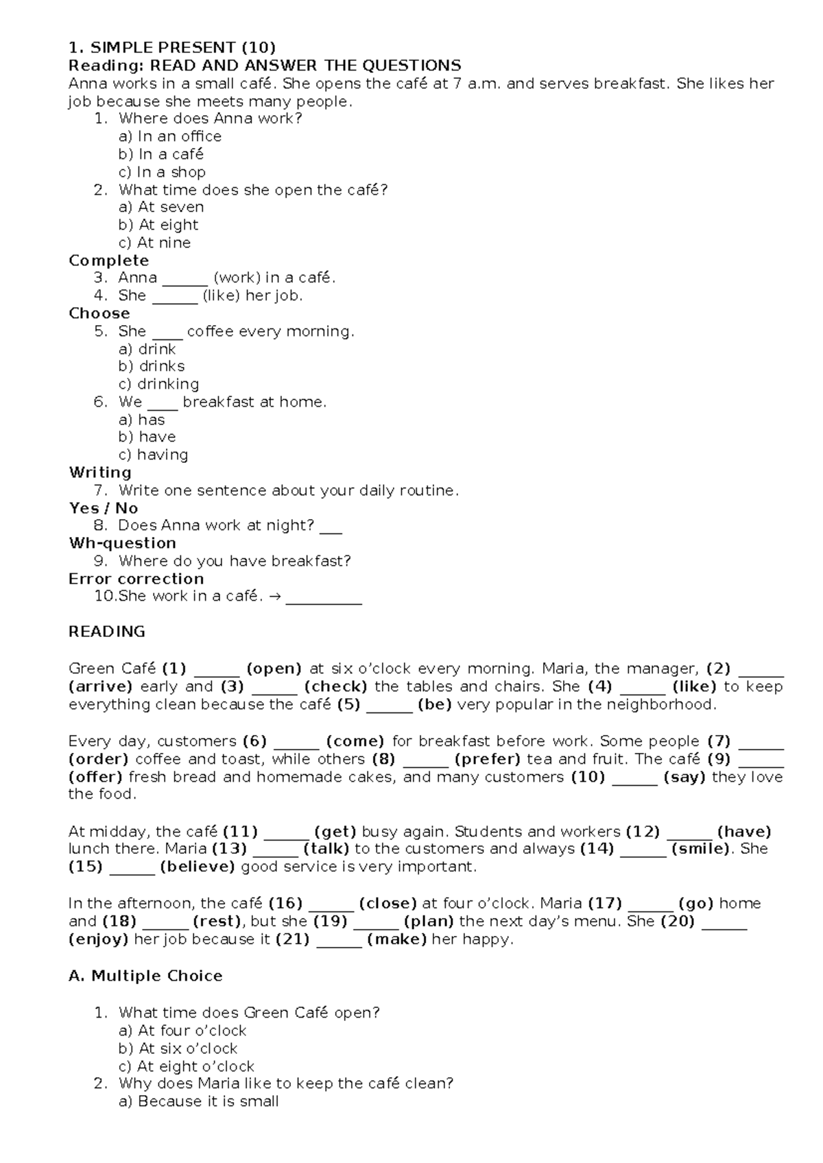 SIMPLE PRESENT & PROGRESSIVE GRAMMAR TEST (ENG 101) - Studocu
