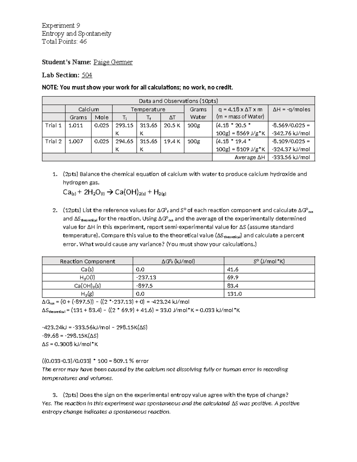 CHEM 110L - Final Lab Experiment 9: Entropy and Spontaneity Analysis ...