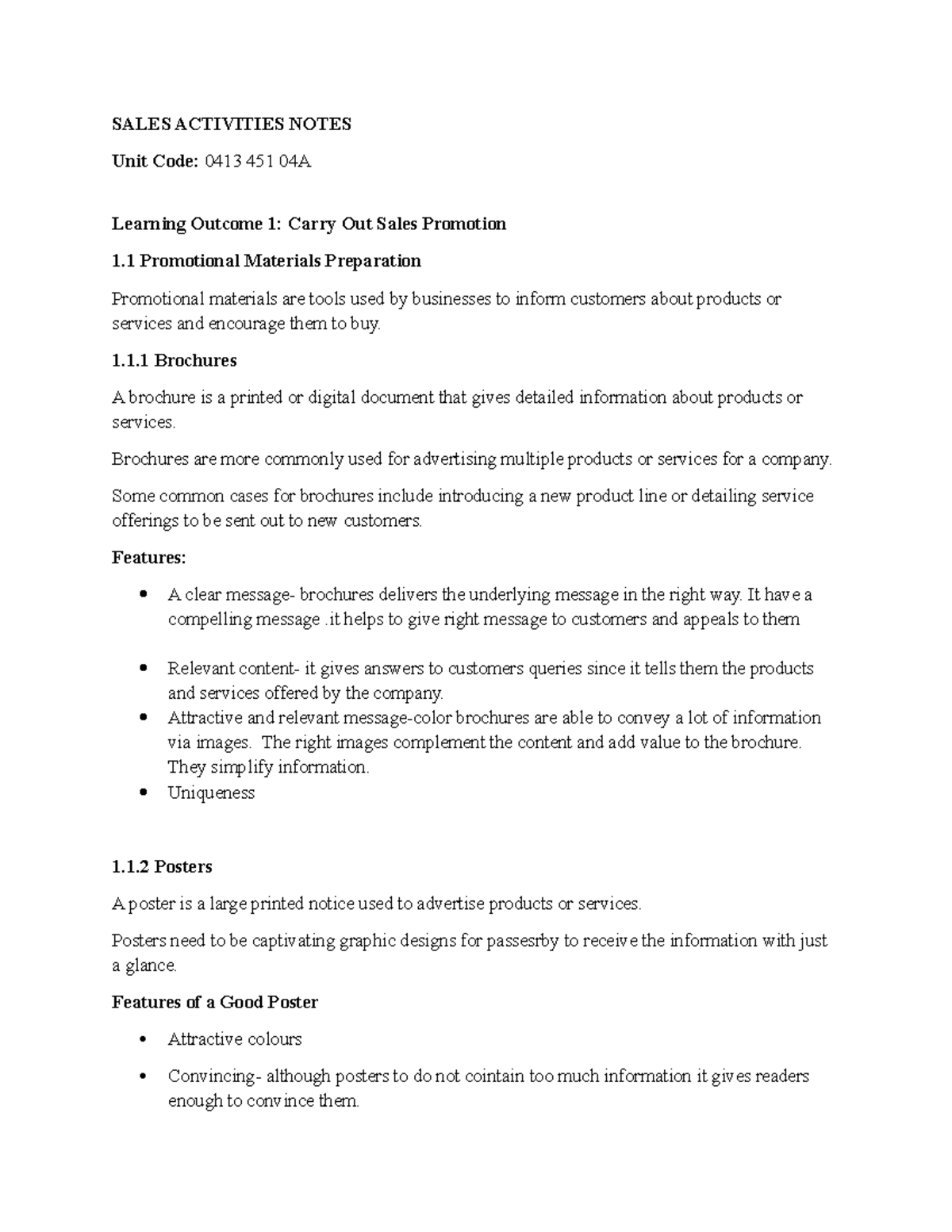 Sales Activities Notes - Unit Code: 0413 451 04A - Studocu