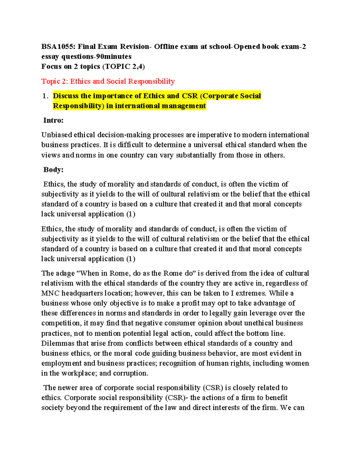 BSA1055 - Final Exam Revision: Ethics & CSR in Intl Management - Studocu