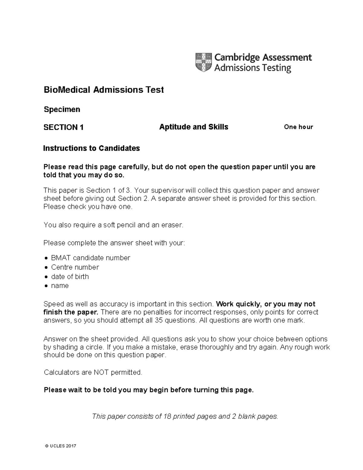 BMAT Netherlands Specimen Test - Section 1: Aptitude & Skills - Studeersnel