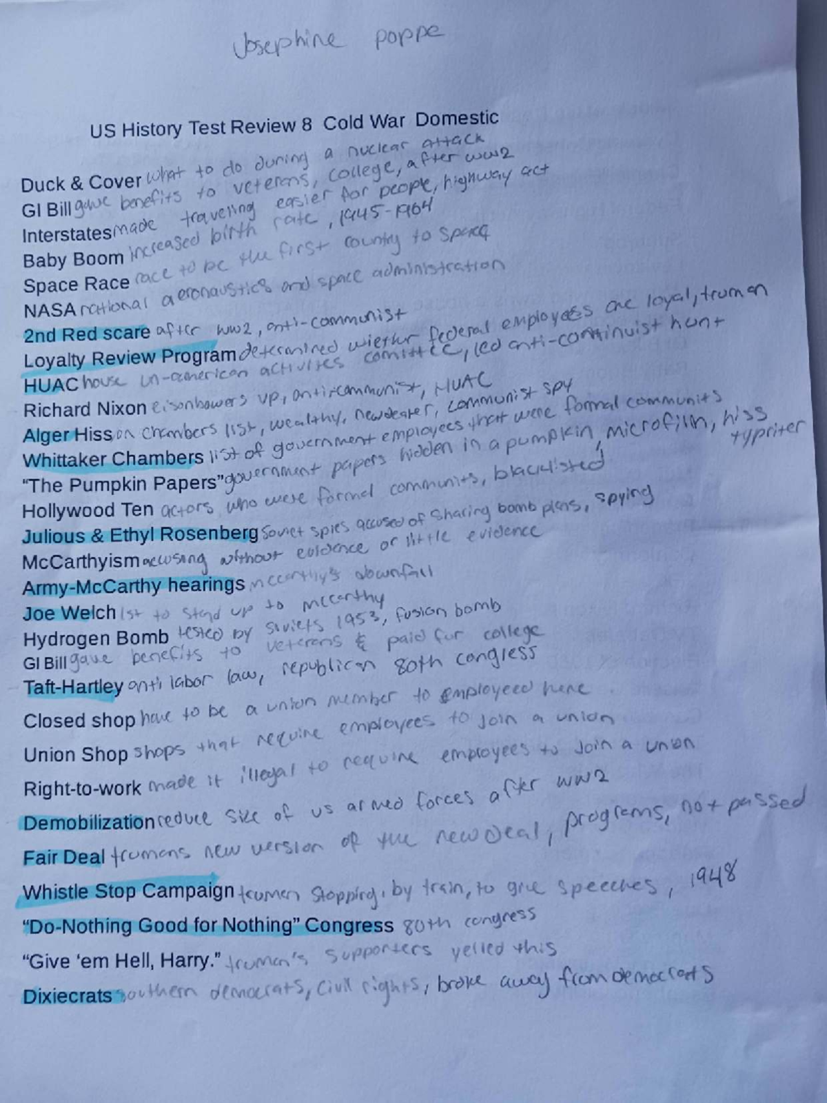 Midterm Exam Study Guide for Course XYZ123 - Josephine poppe US History ...