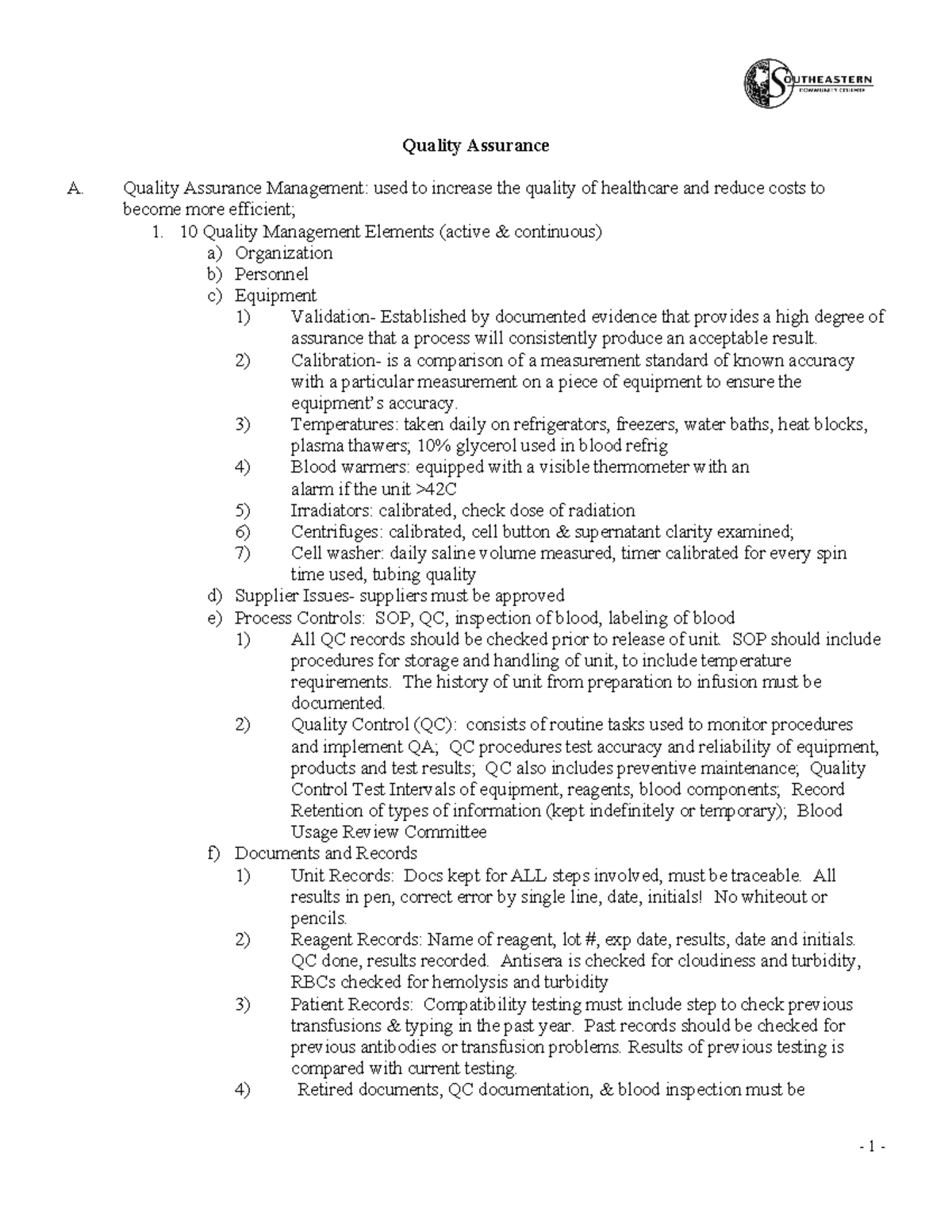 Unit 1 Transfusion Medicine Notes - Quality Assurance A. Quality ...