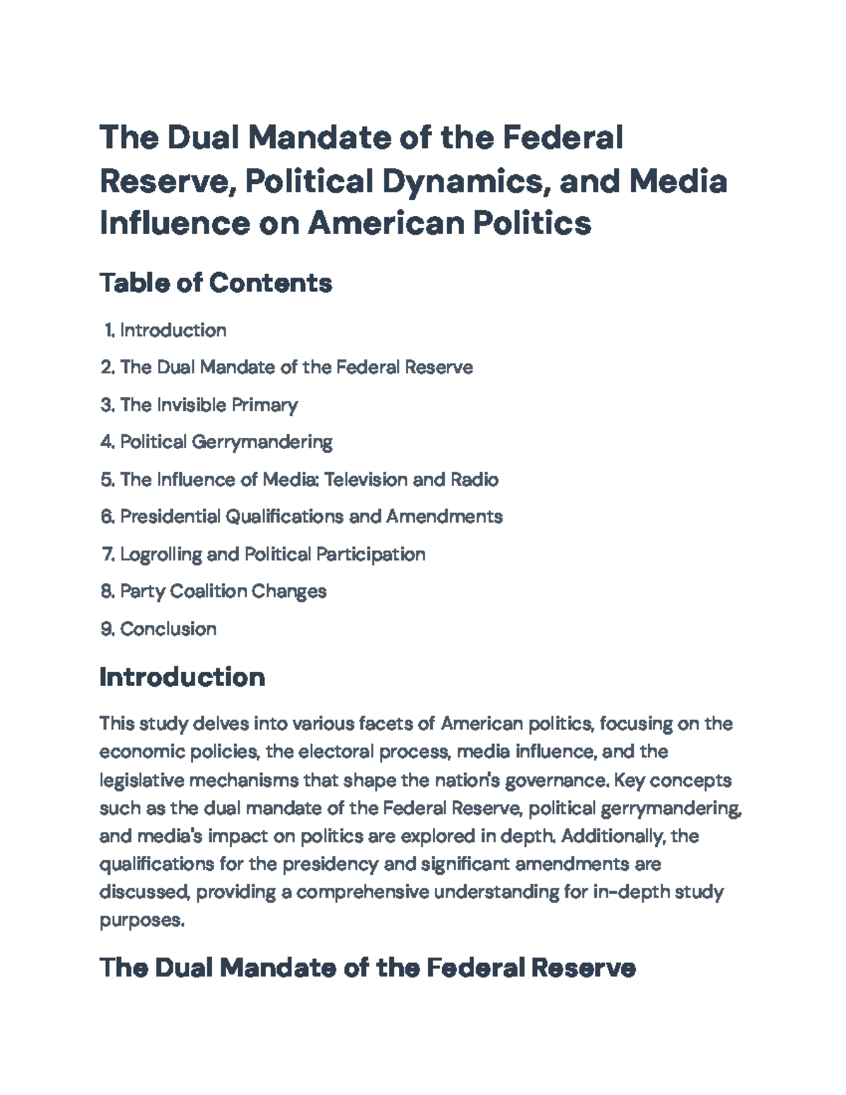 The Dual Mandate of the Federal Reserve and Political Dynamics in U.S ...