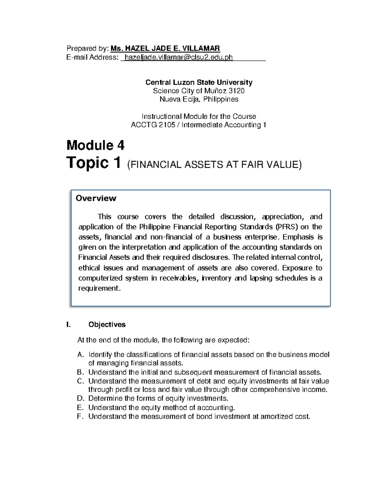 ACCTG 2105: Module 4 - Topic 1 Financial Assets at Fair Value - Studocu
