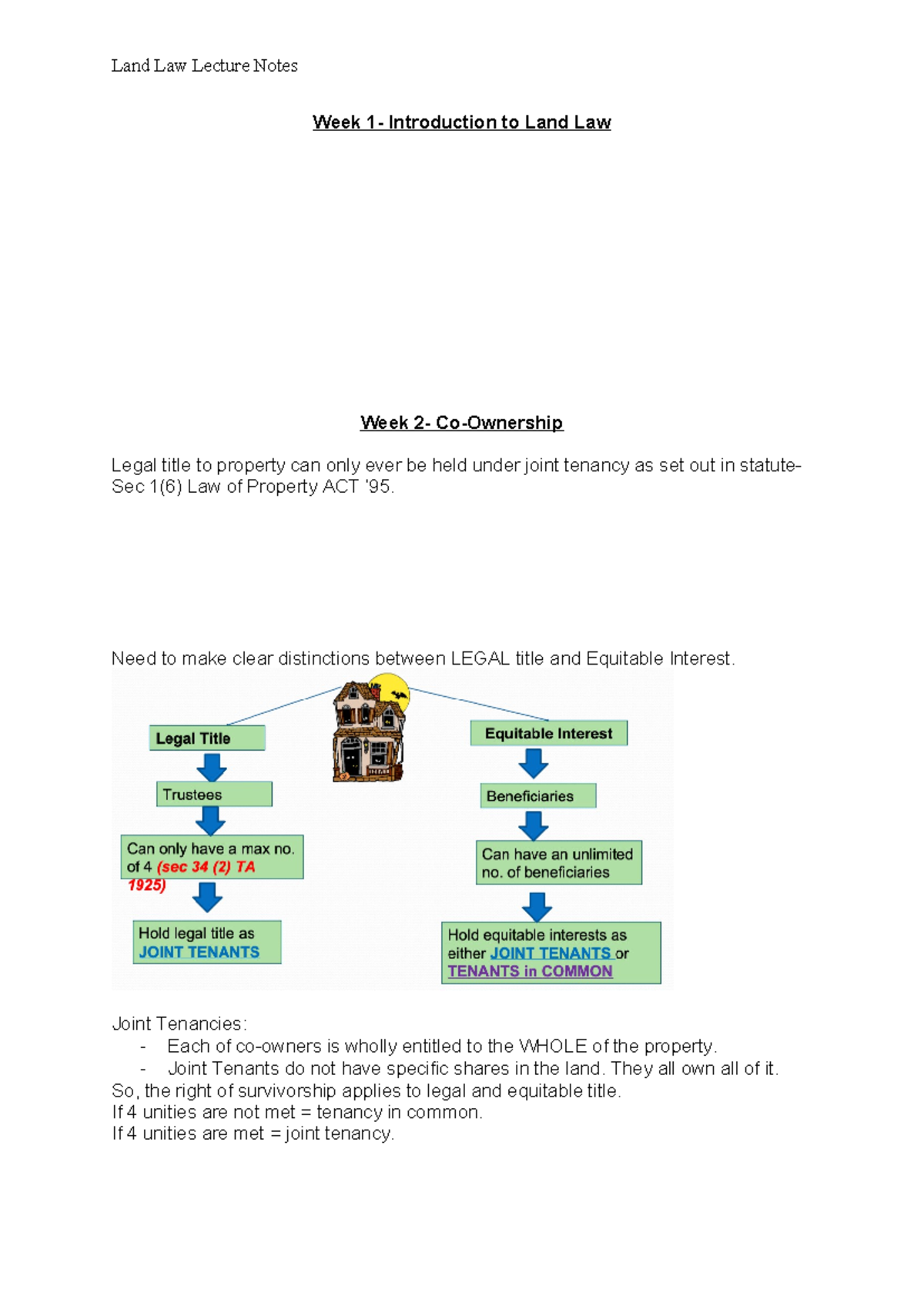Land Law Lecture Notes - Week 1- Introduction to Land Law Week 2- Co ...