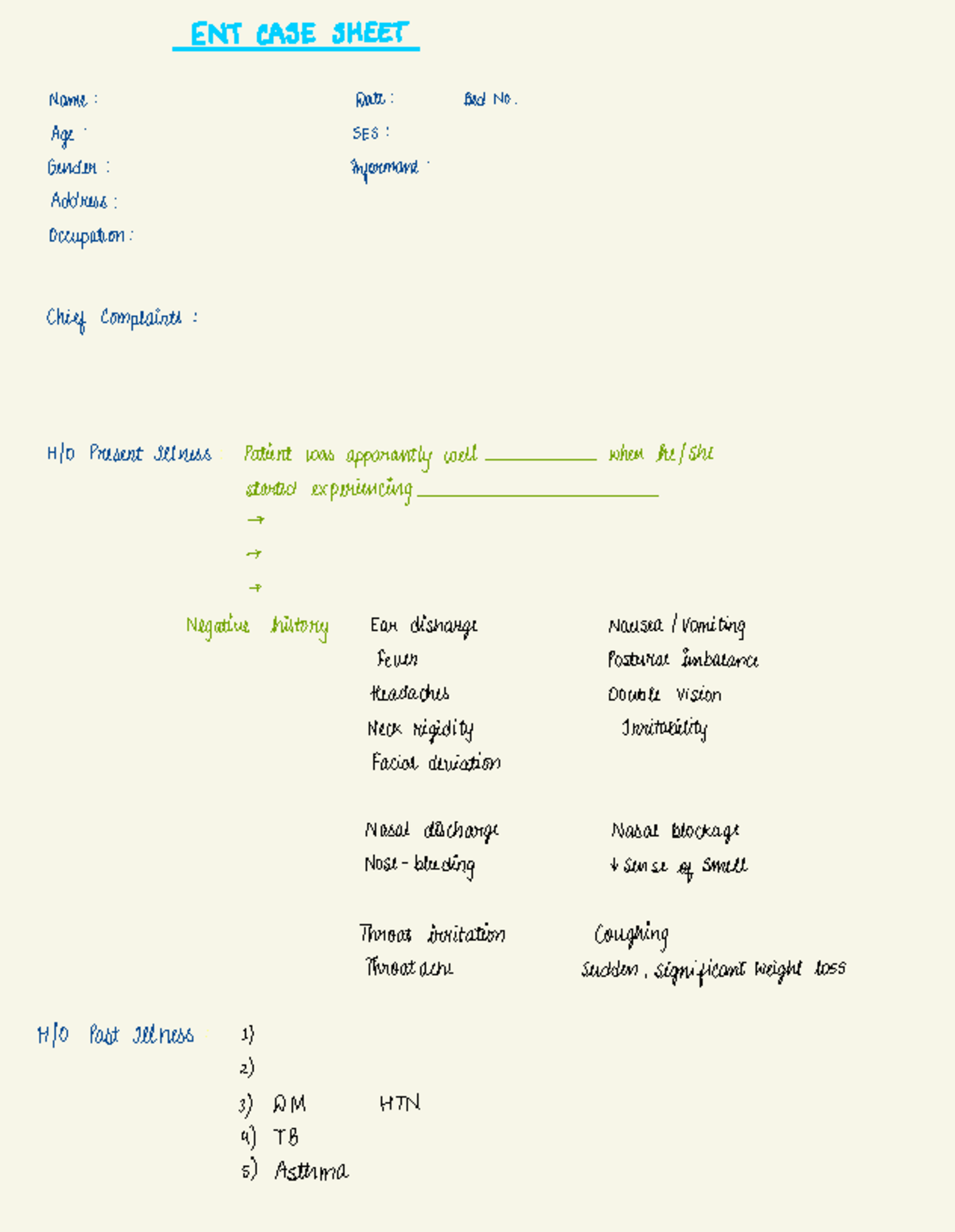 ENT 101 - Clinical Case Sheet for ENT Class - Studocu
