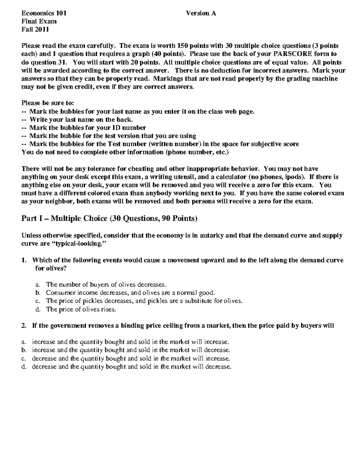 Economics 101 Final Exam Version A - Fall 2011 Past Paper - Studocu