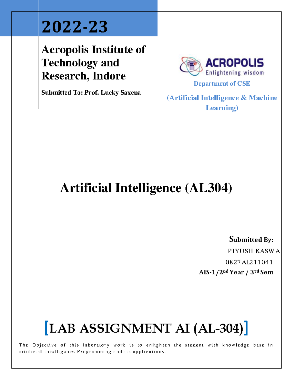 AI Lab Manual: Programming Assignments & Experiments (AL304) - Studocu