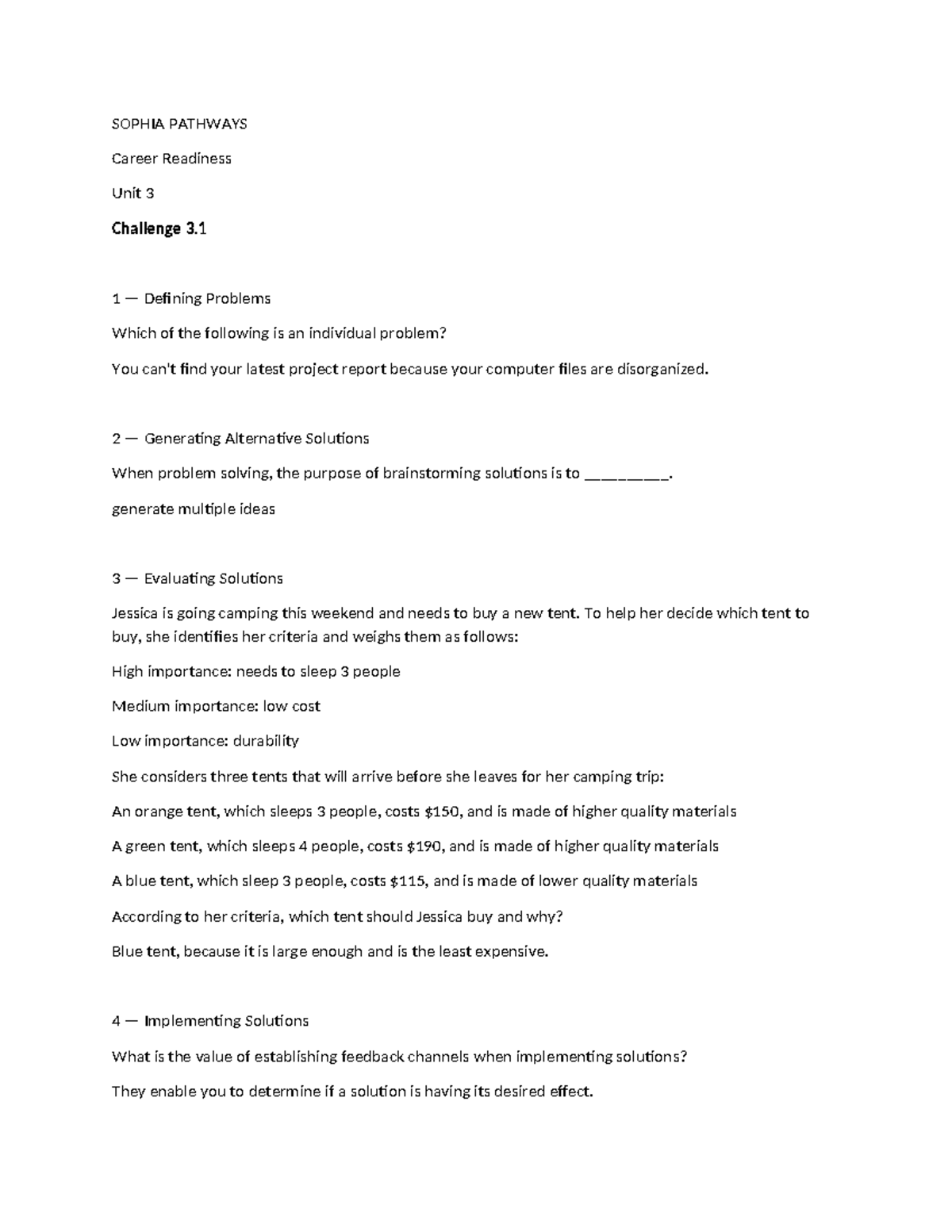 Sophia Career Readiness Unit 3 Q&A - Problem Solving Techniques - Studocu