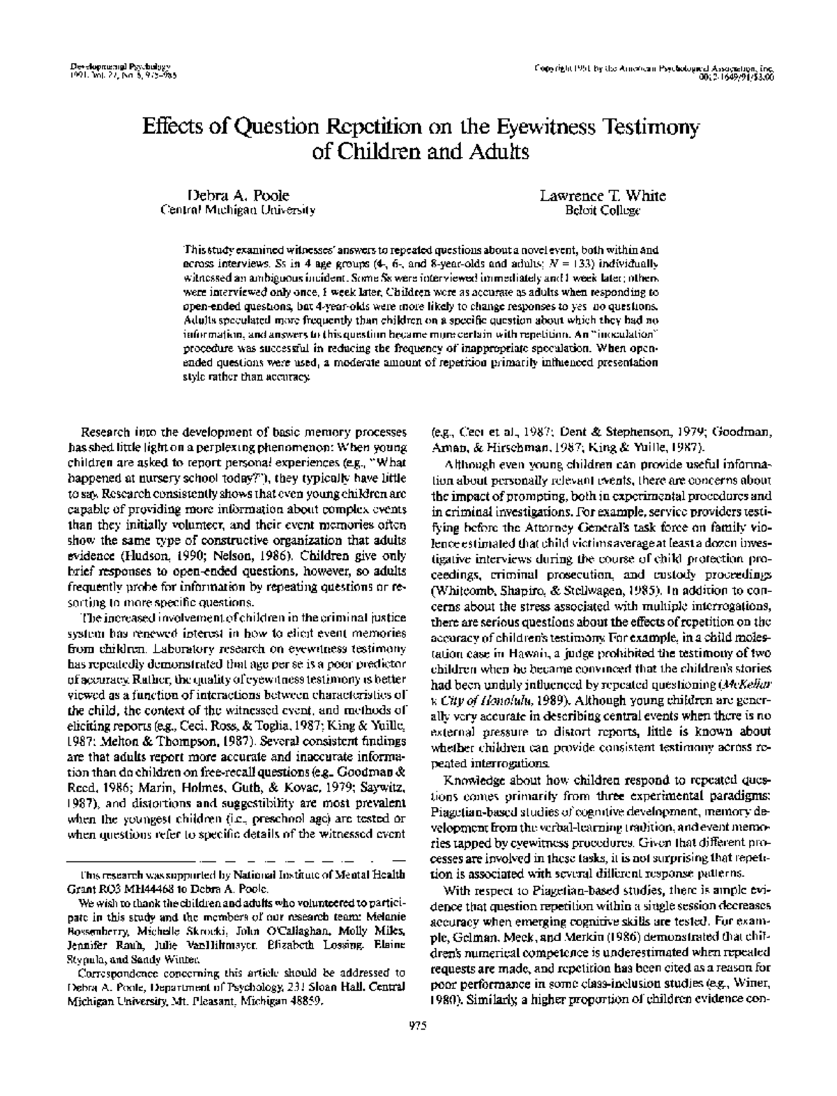 Effects of Question Repetition on Eyewitness Testimony in Children and ...