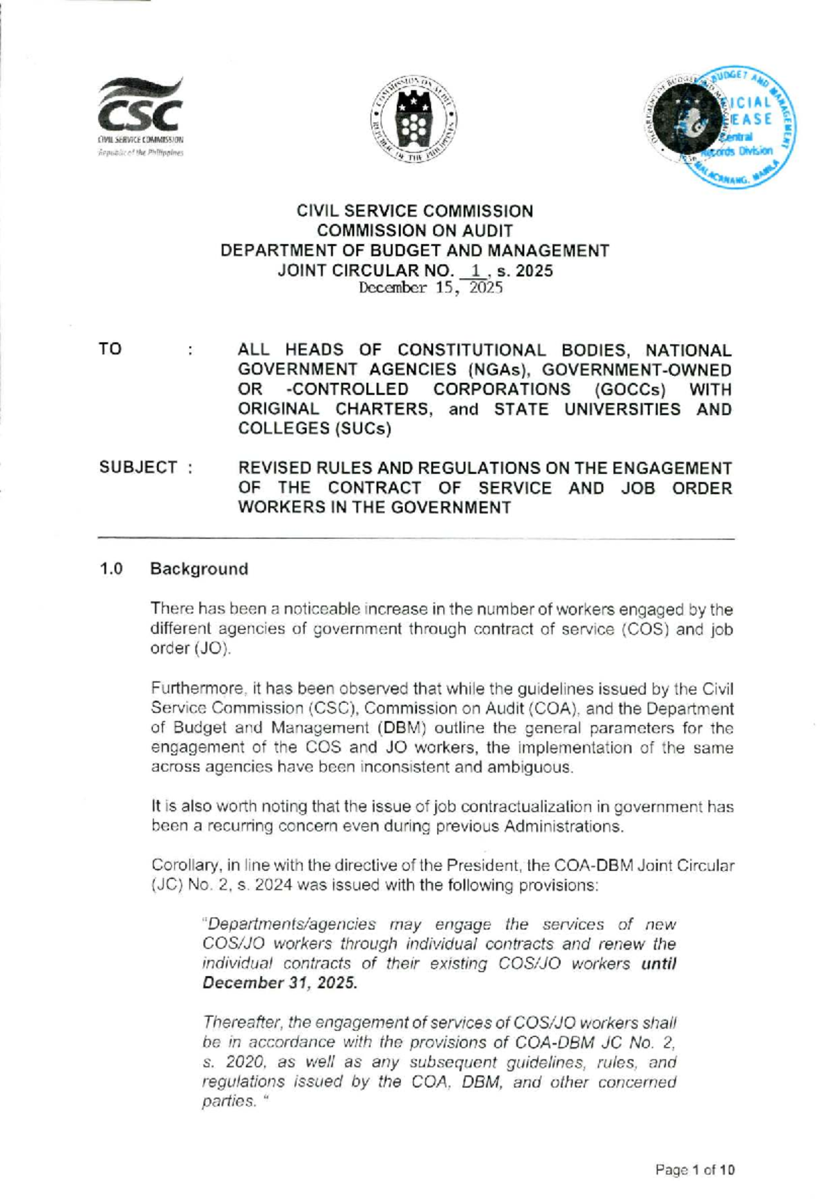 CSC COA DBM Joint Circular No. 1, S. 2025: Revised COS & JO Worker ...