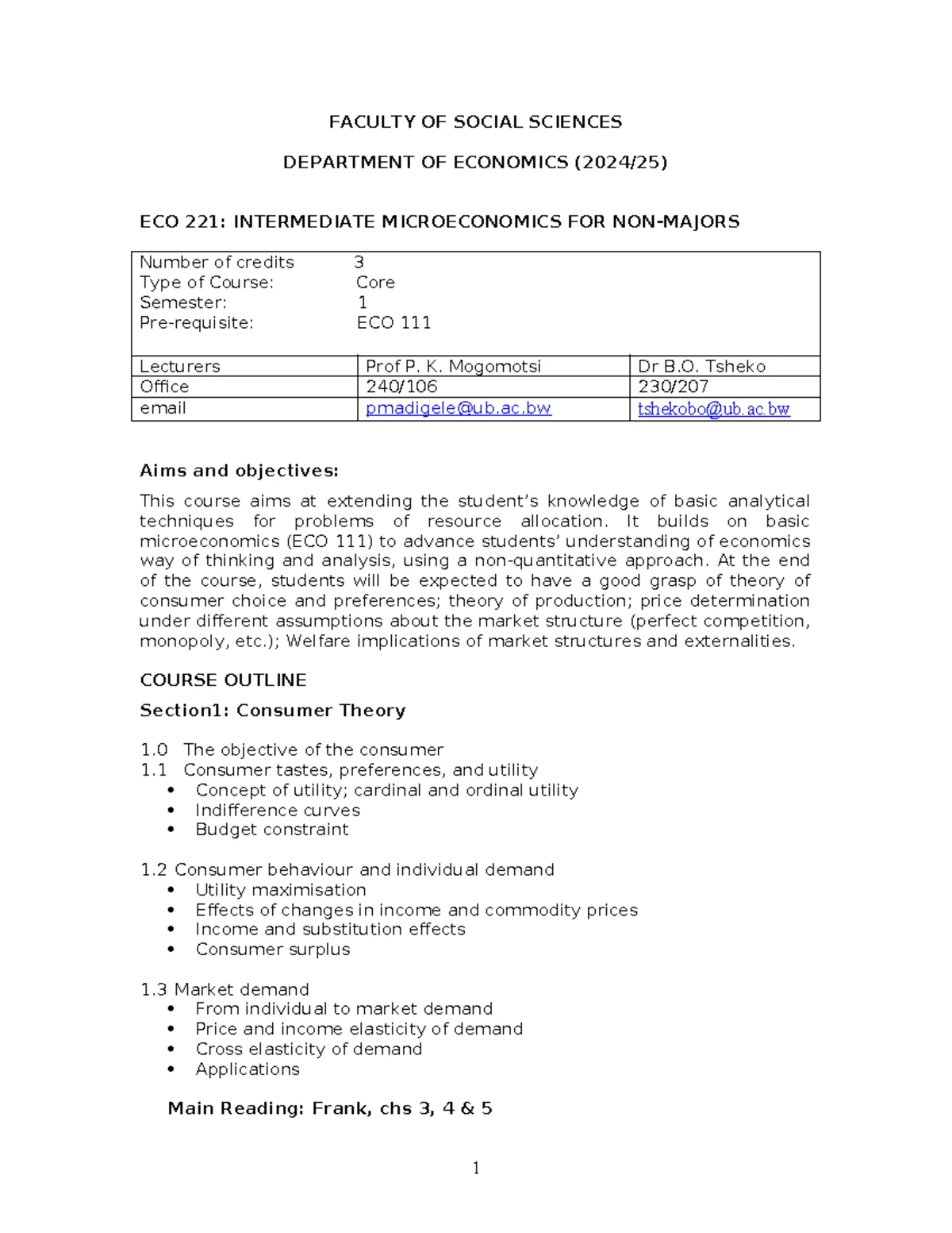 ECO 221 Course Outline: Intermediate Microeconomics for Non-Majors ...