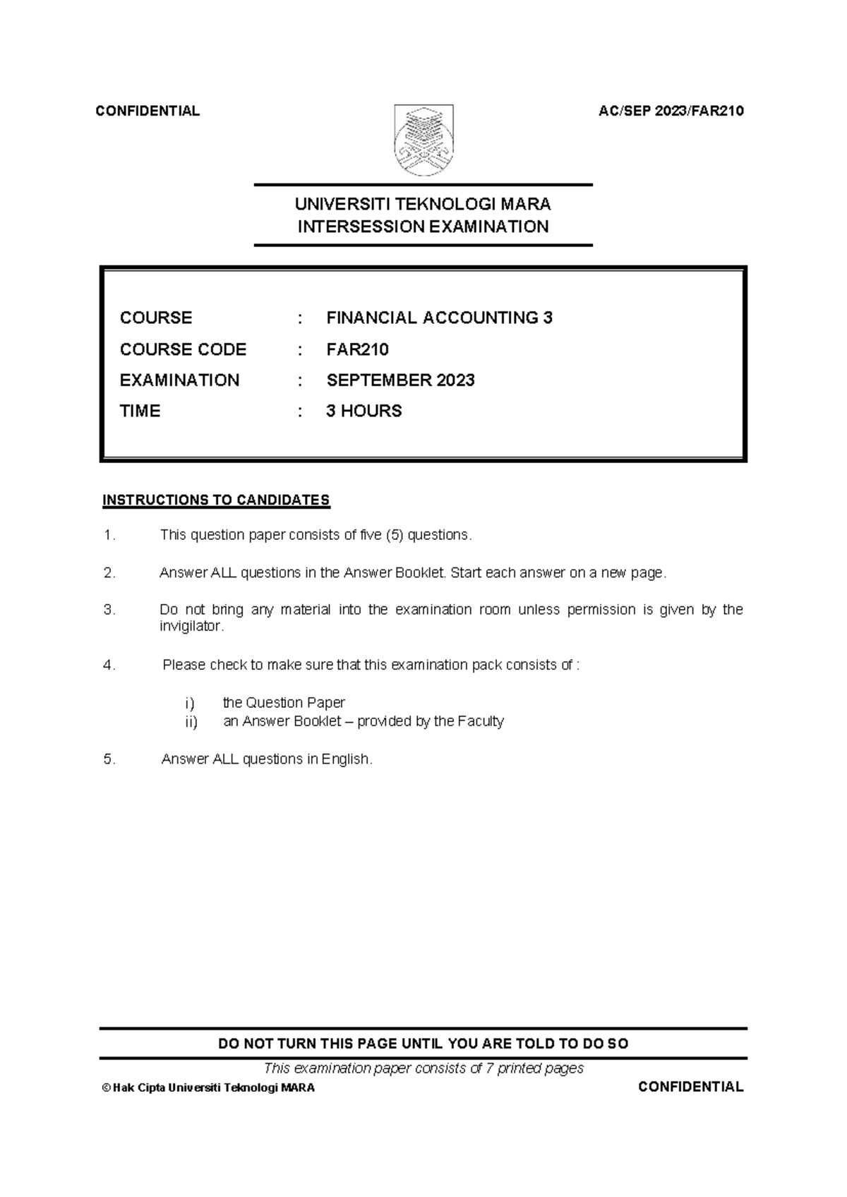 FAR210 Financial Accounting 3 Final Exam September 2023 - Studocu