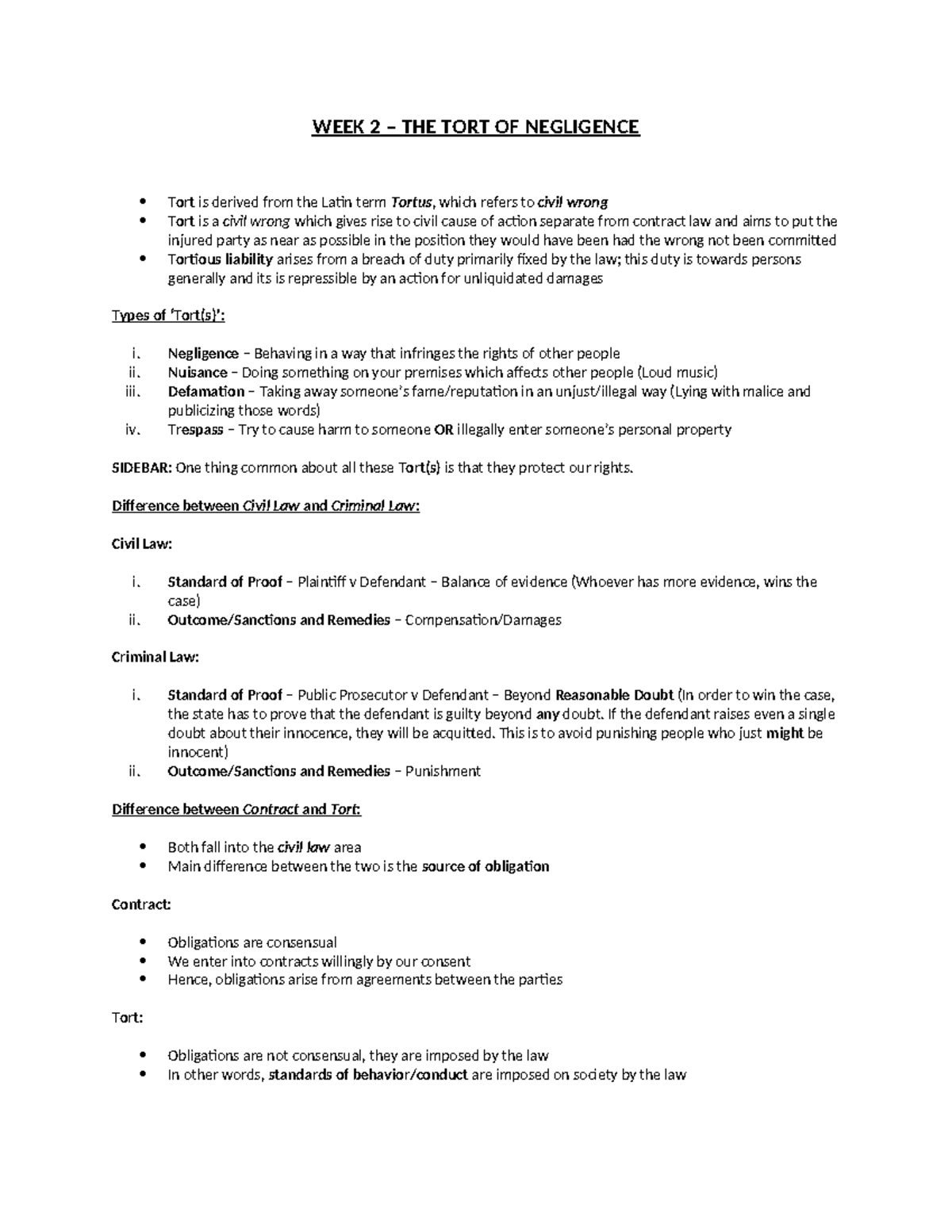 WEEK 2 - TORT OF NEGLIGENCE: Key Concepts and Case Studies - Studocu