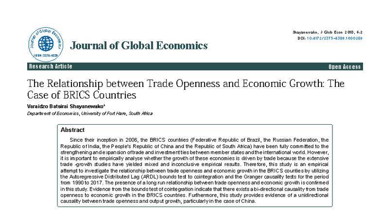 The Relationship between Trade Openness and Economic Growth: BRICS ...