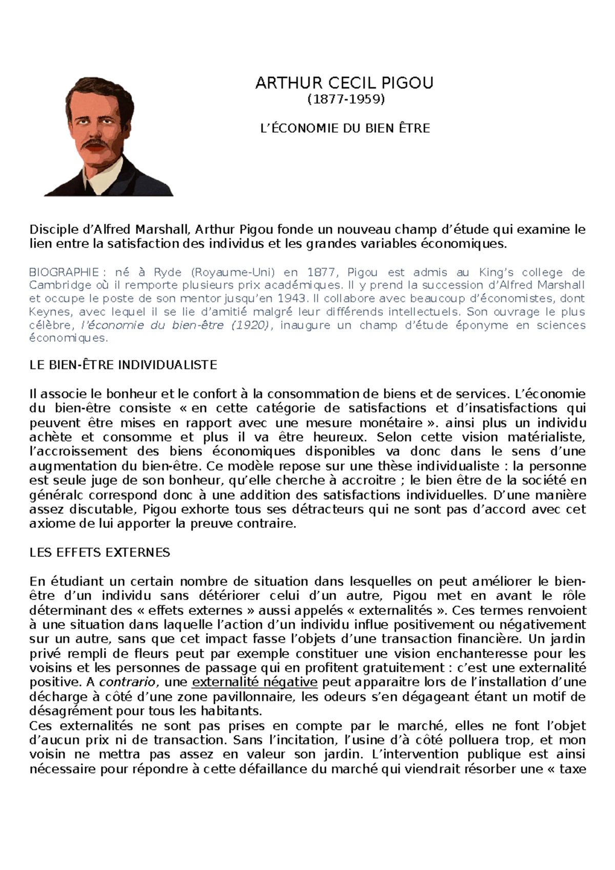 Arthur Pigou et l'Économie du Bien-Être: Étude des Externalités - Studocu
