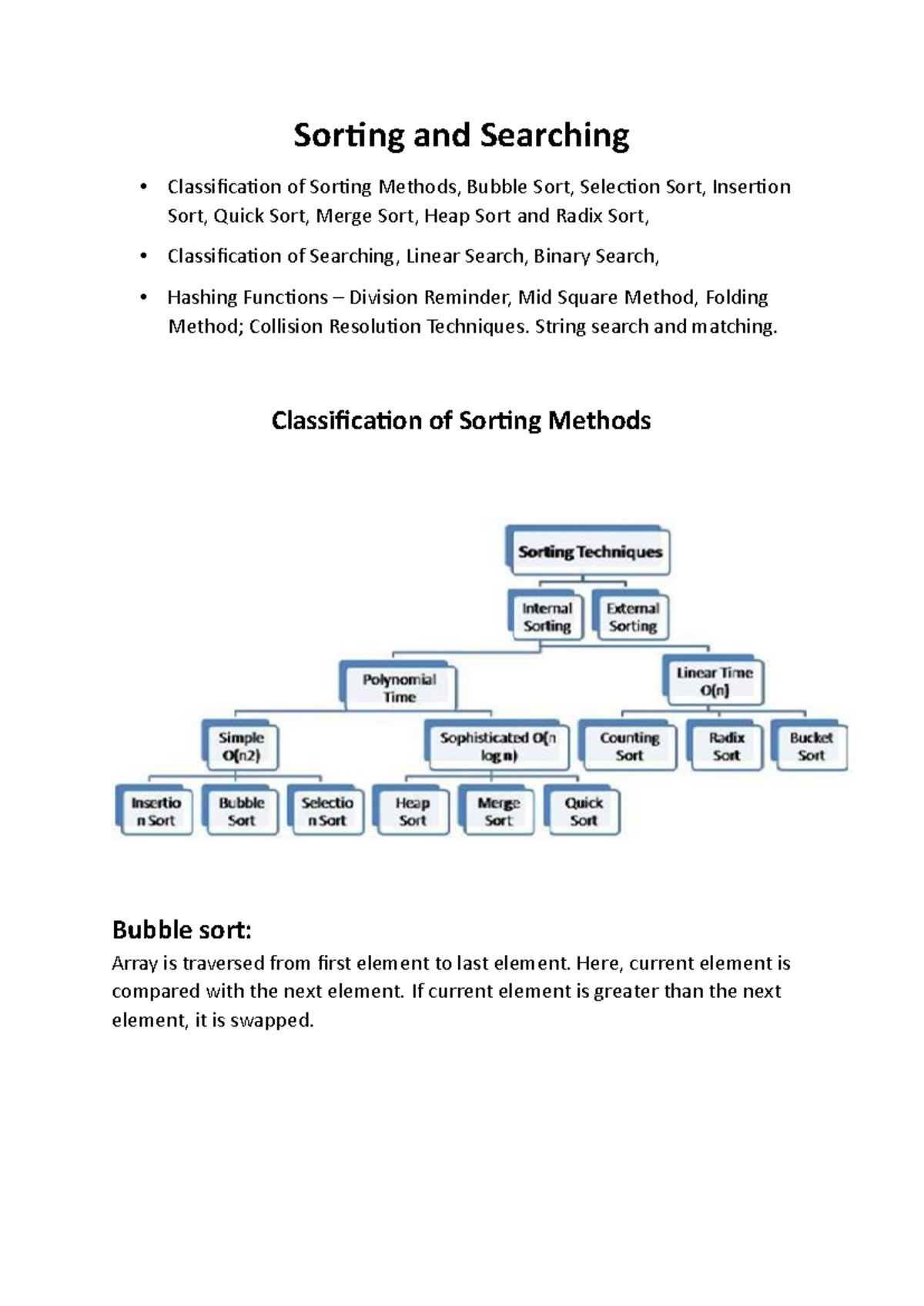 CS101: Sorting and Searching Algorithms - Methods & Techniques - Studocu