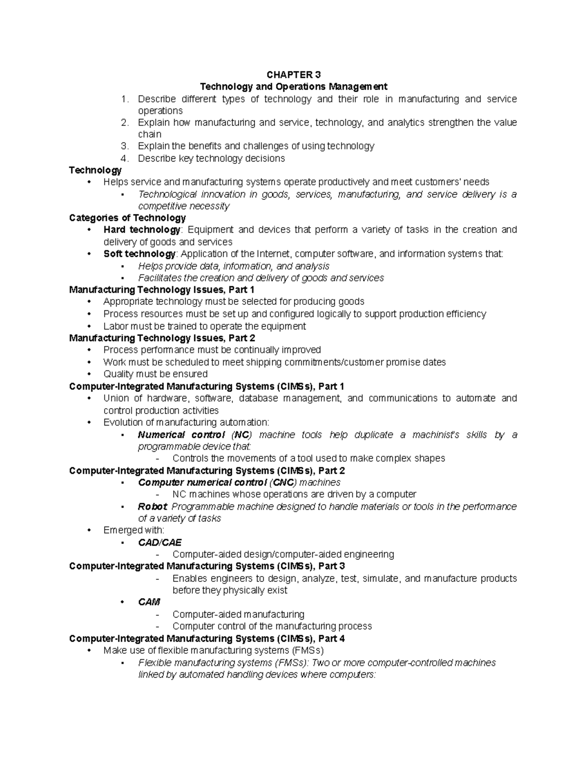 Chapter 3: Technology and Operations Management (Course Code: T&O 101 ...