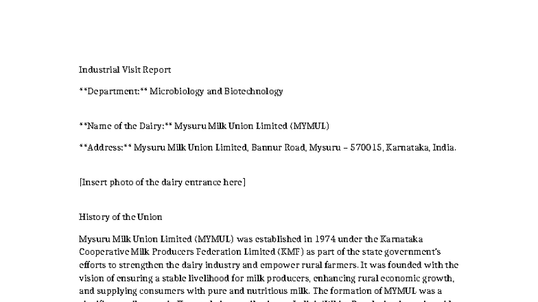 Industrial Visit Report: MYMUL Dairy Insights and Operations - Studocu