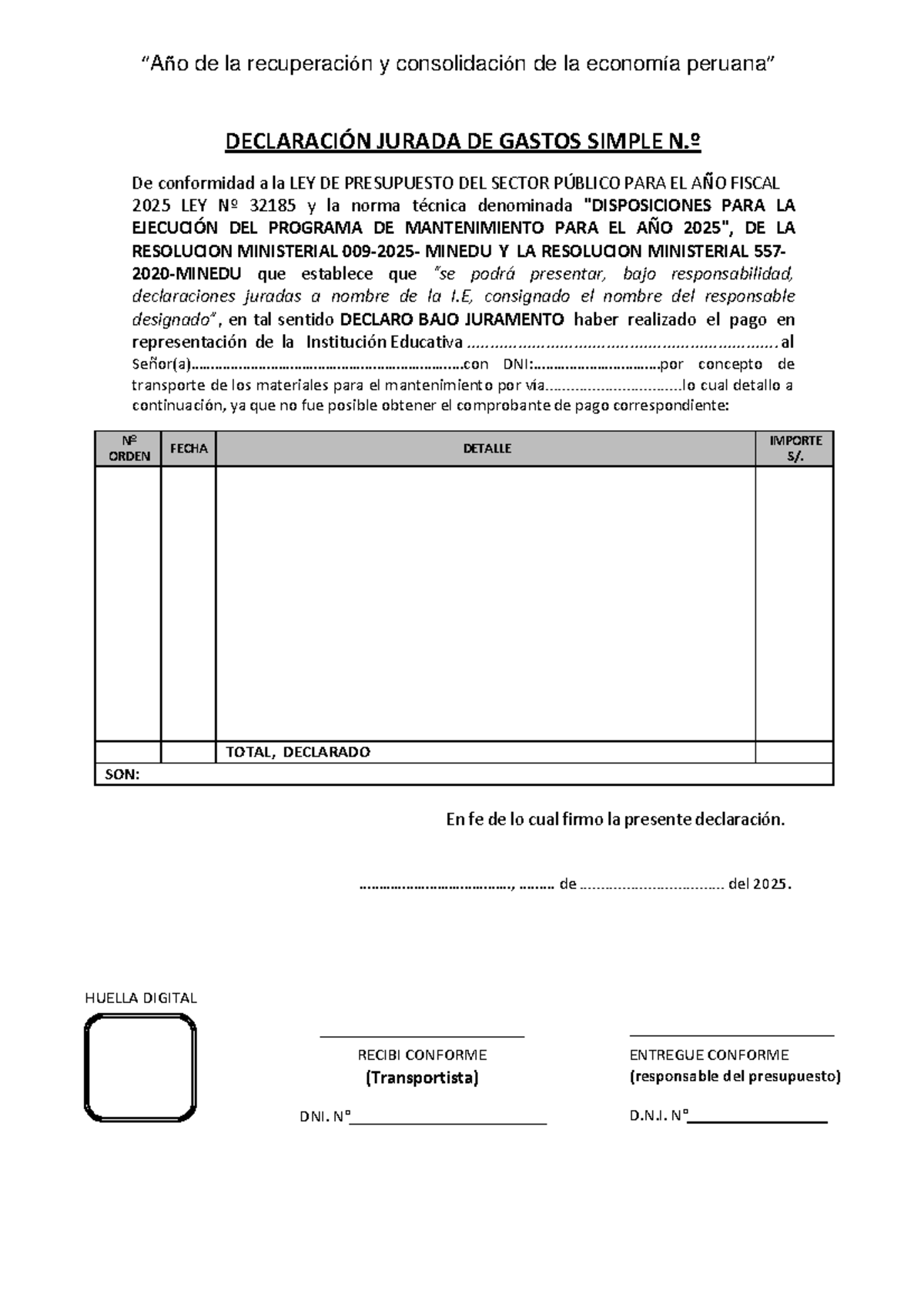 Declaración Jurada de Gastos Simple 2025 - Ley N.º 32185 - Studocu