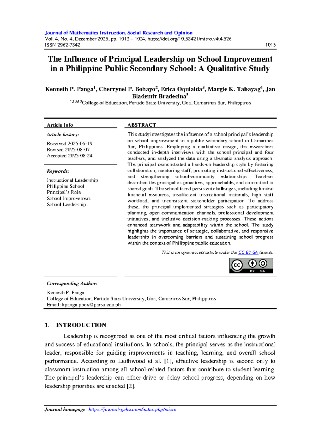 The Influence of Principal Leadership on School Improvement: A ...