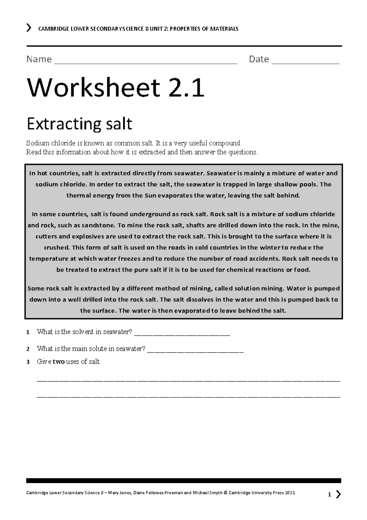 CAMBRIDGE LOWER SECONDARY SCIENCE 8 UNIT 2: PROPERTIES OF MATERIALS Worksheets - Document Preview