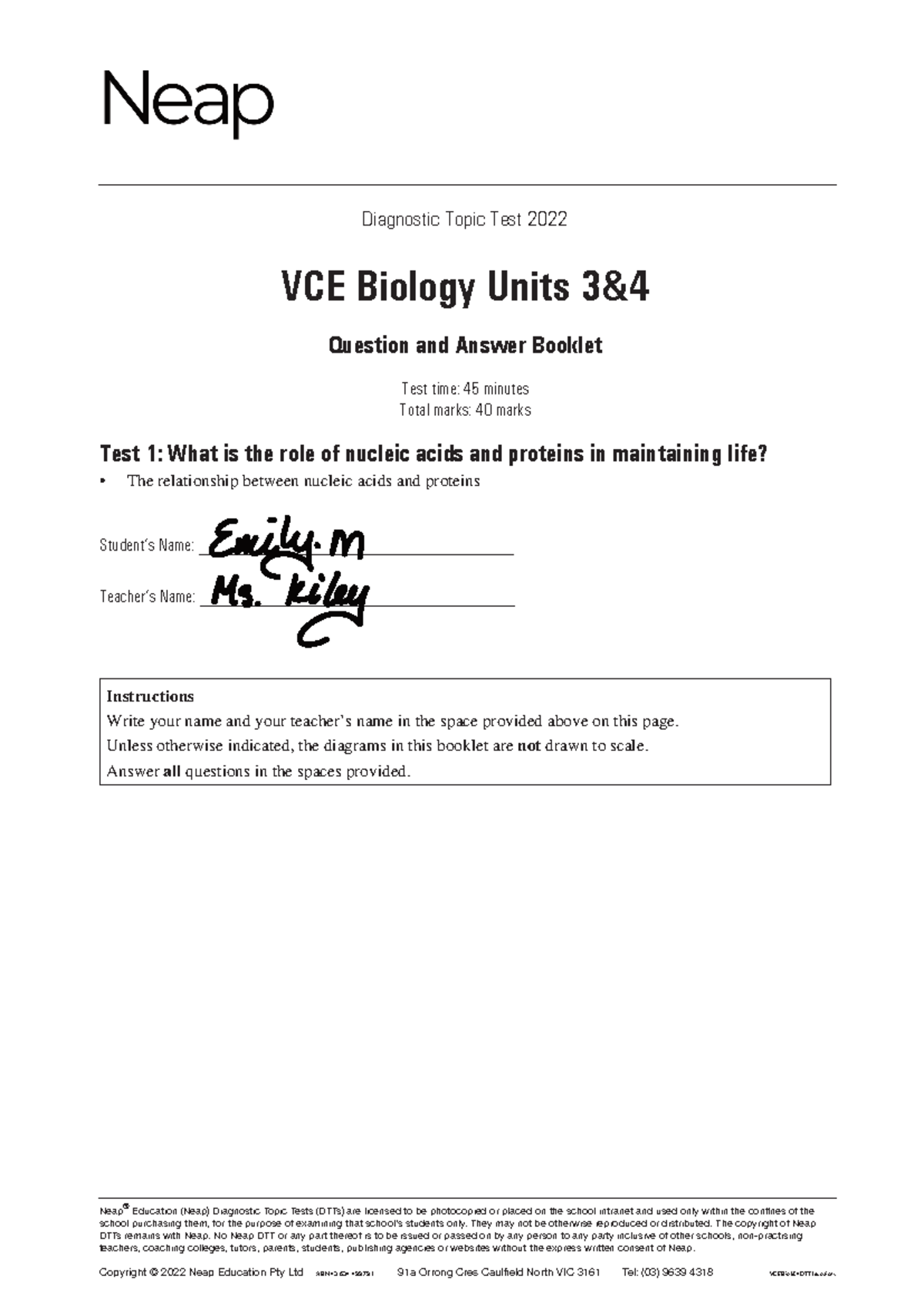VCE Biology Unit 3 & 4 - W9 Quiz Question and Answer Booklet 2022 - Studocu