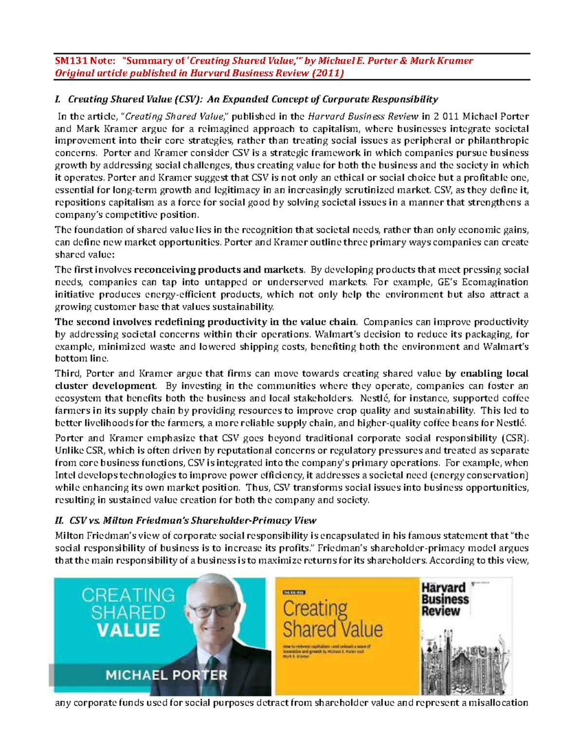 Creating Shared Value Summary by Porter & Kramer (SM131) - Studocu