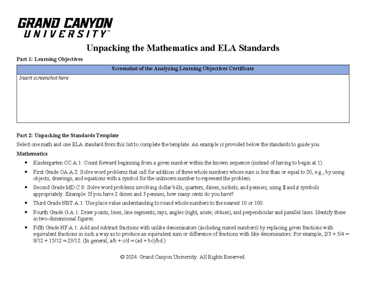 ELM 211 RS T2 Unpacking Math & ELA Standards: Learning Objectives - Studocu