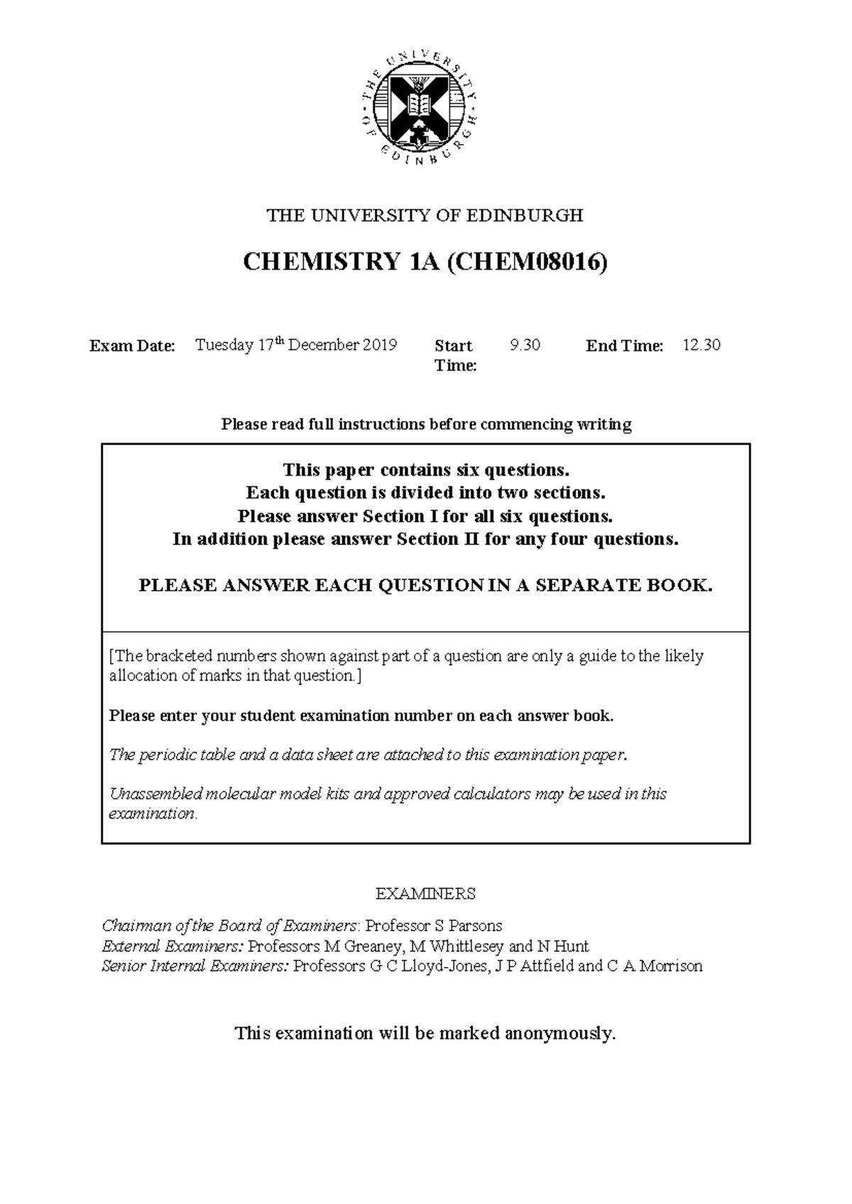 2019 PPQ - Chemistry 1A (CHEM08016) Exam Questions and Model Answers ...
