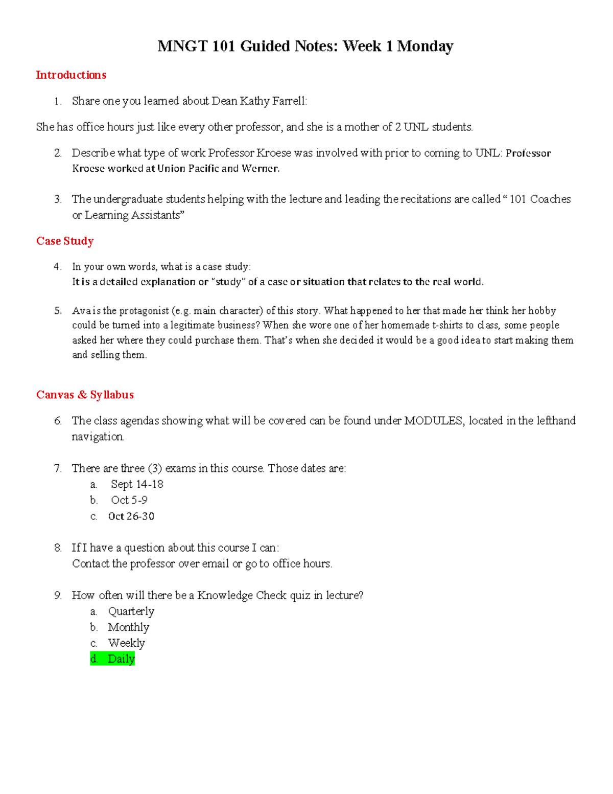 MNGT 101 Week 1 Guided Notes: Lecture & Case Study Overview - Studocu