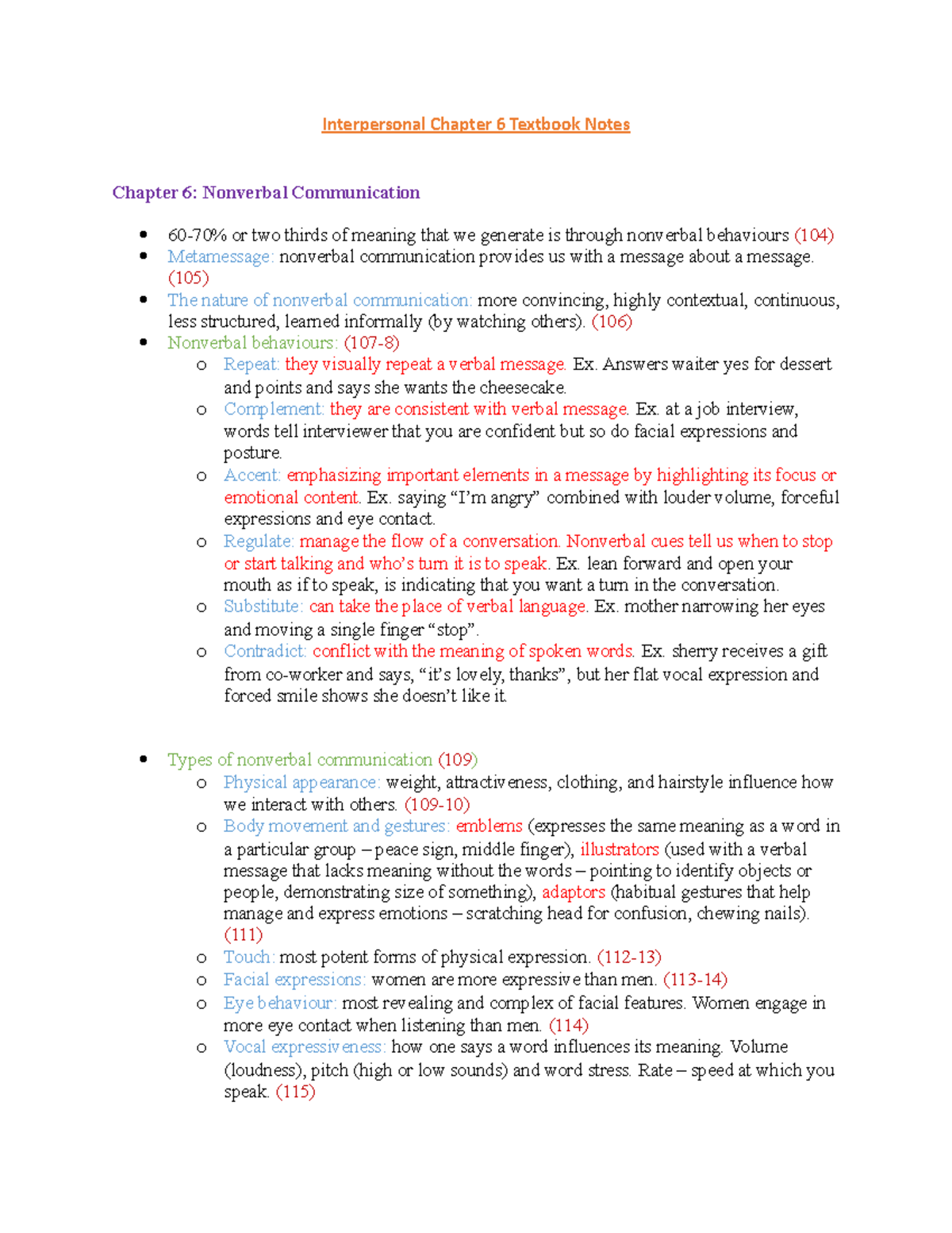 Interpersonal Chapter 6 Textbook Notes - (105) The nature of nonverbal ...
